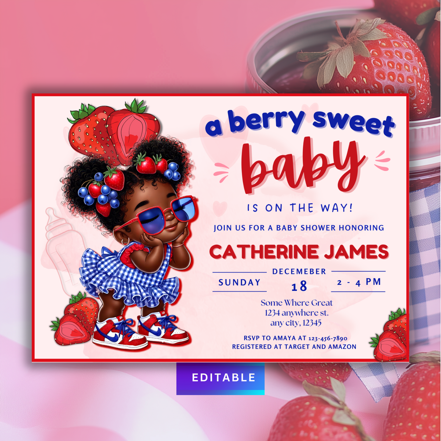 Blueberry Strawberry Baby Shower - Black Girl Berry Sweet Canva Invitation Template, Editable, 5x7 TCPT-014