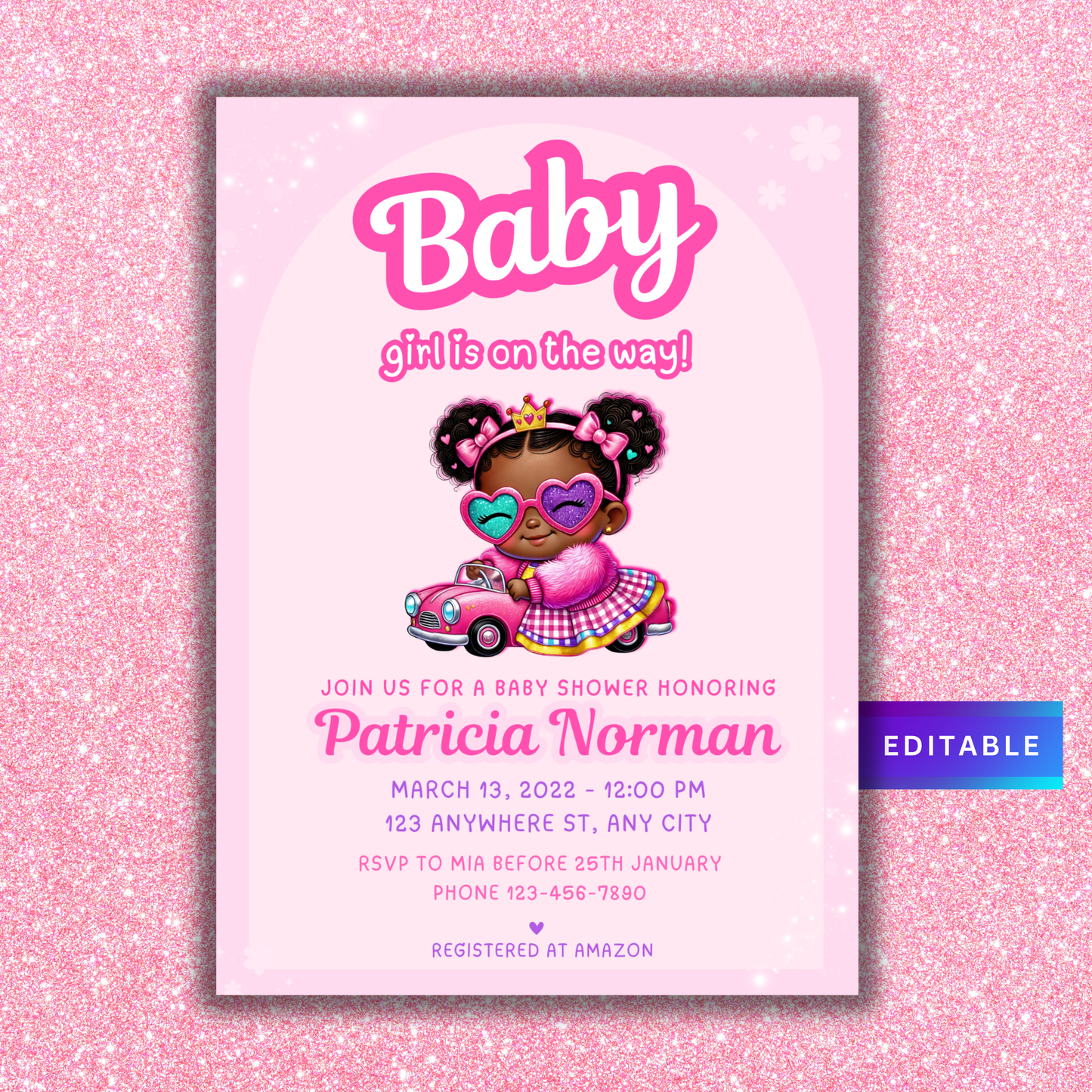Doll Themed Baby Shower Invitation Template for Black Babies, Hot Pink Glitter, Edit in Canva, 5x7, - TCPT-017