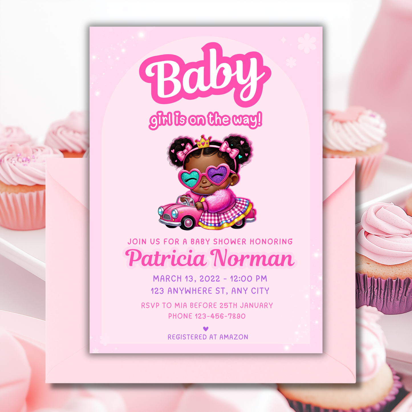 Doll Themed Baby Shower Invitation Template for Black Babies, Hot Pink Glitter, Edit in Canva, 5x7, - TCPT-017