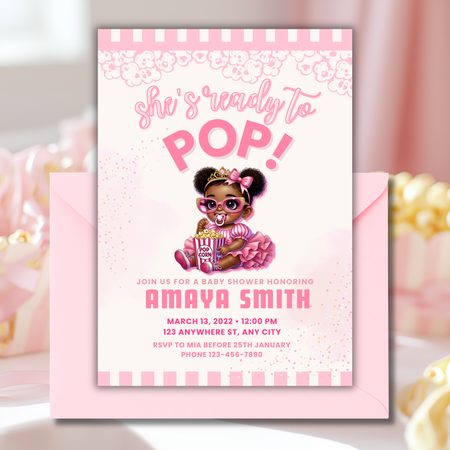 Ready to Pop! Popcorn Baby Shower For Black Girl Invitation Canva Template for Black Babies, Edit in Canva, 5x7 - TCPT-012