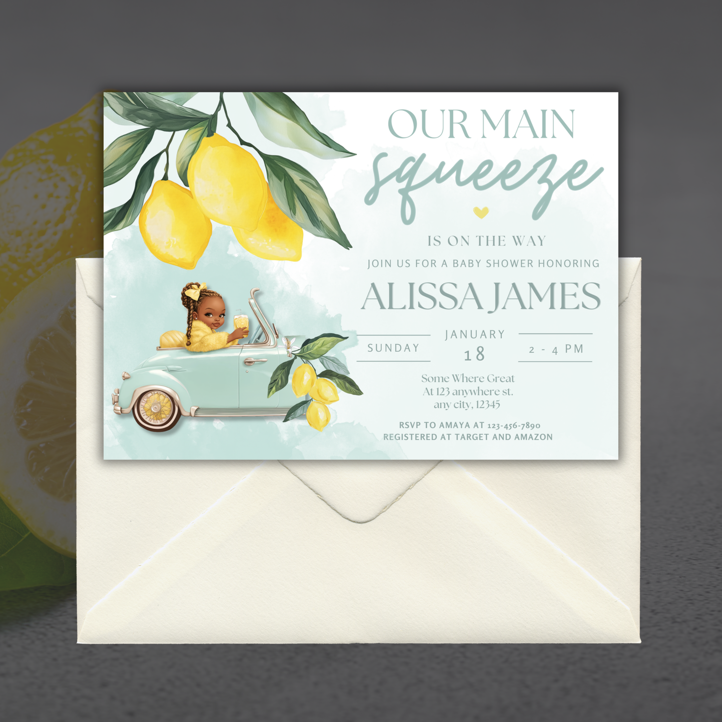 Main Squeeze Baby Shower Invitation Template, 5x7 Lemon Theme, Black Baby Edit in Canva - TCPT-007
