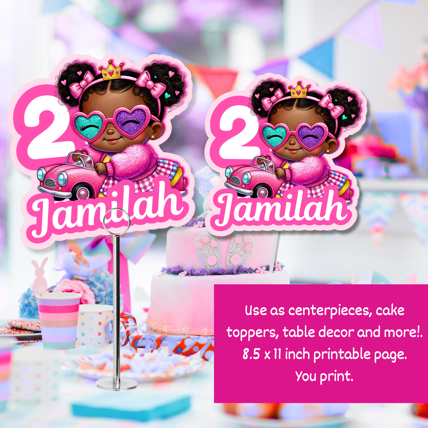 PRINTABLE Black Doll Birthday Theme Table Cutouts - Pink Girl Custom Decor Centerpieces Personalized - One Sided, Ready in 24 hrs