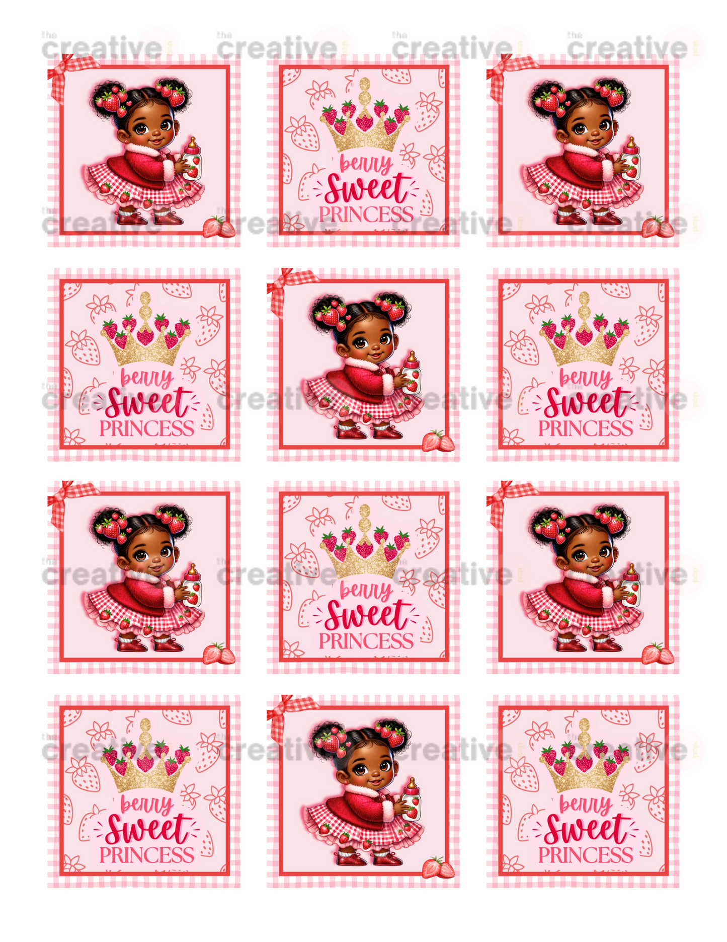Berry Sweet Baby Shower Printable Cupcake Toppers - Black Strawberry Girl Design - 12 Cupcake Topper, Instant PDF