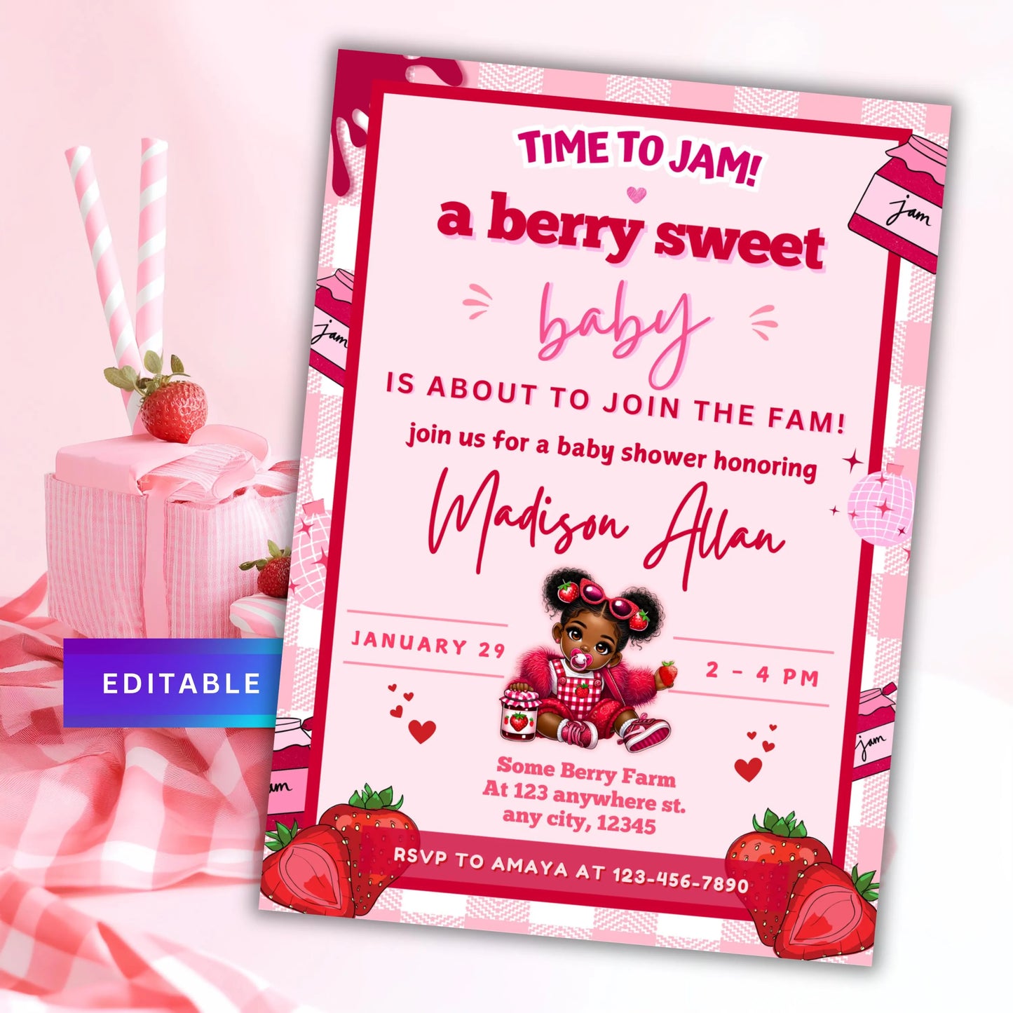 Black strawberry baby invitation template girl baby shower main