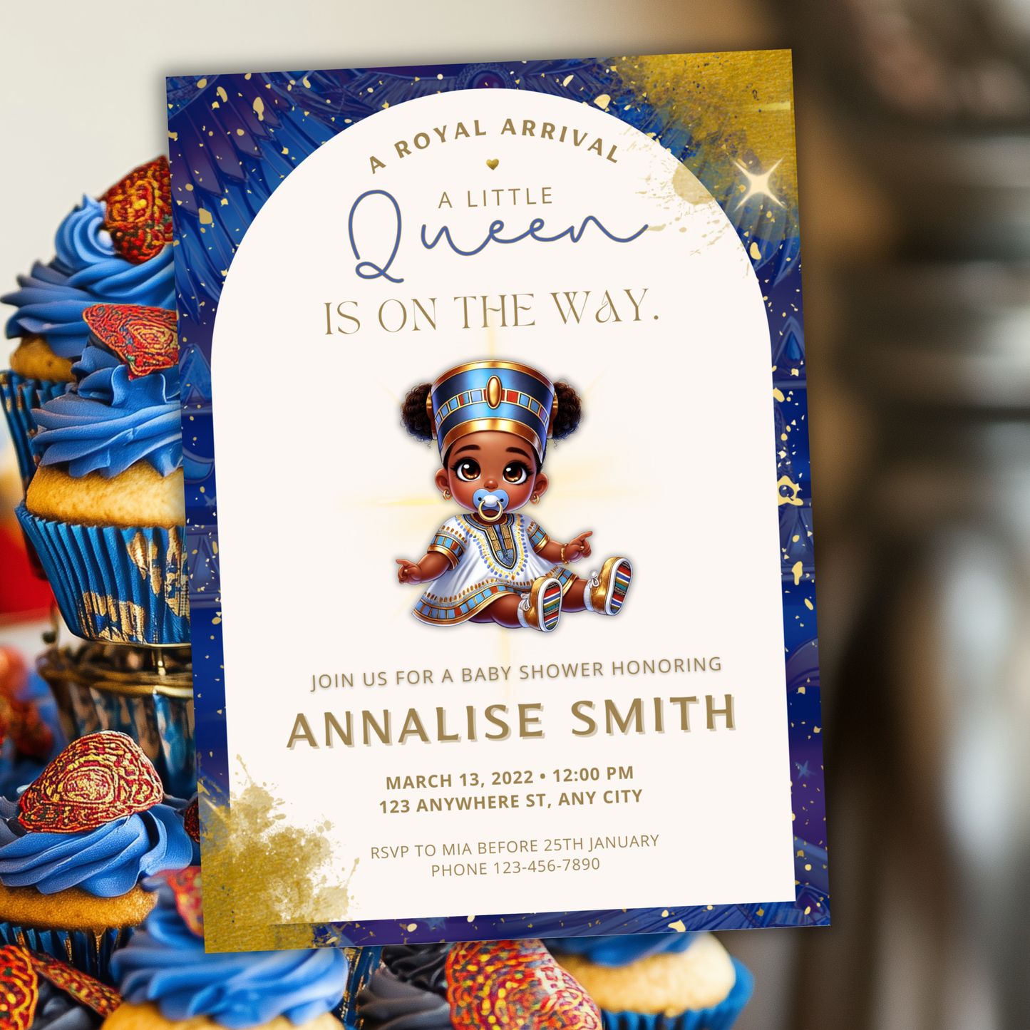 Egyptian Baby shower invition
, queen nefertiti baby shower editable canva template
