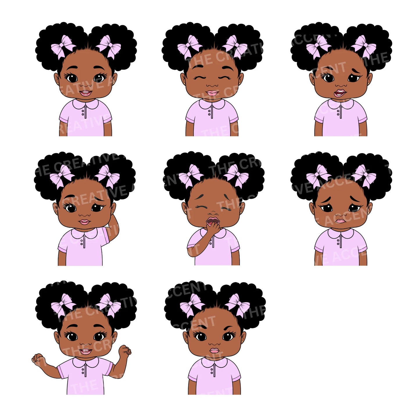 Black Girl Emotions Clipart, 24 PNG, African-American Kids Different Facial Expressions,