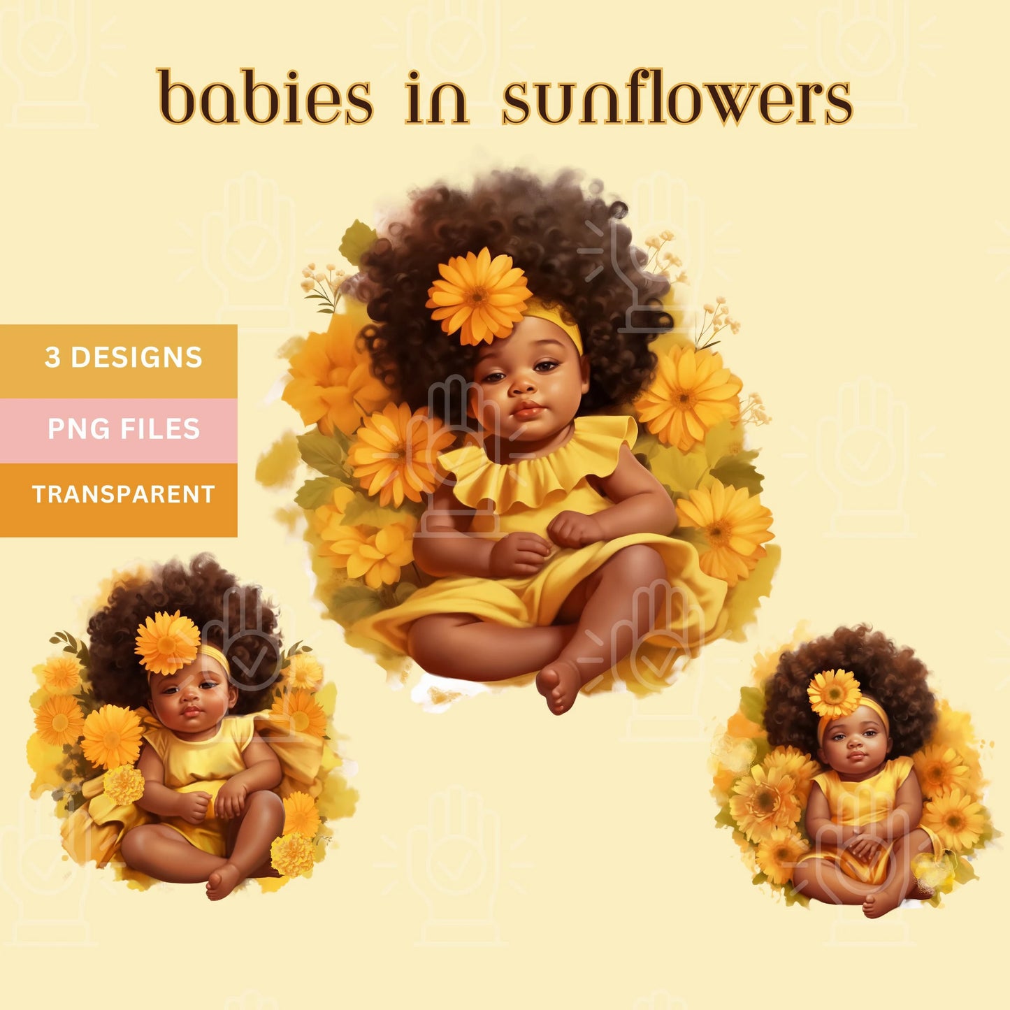 Sunflower Baby Shower Clipart, 3 PNG Files, Black Mixed Race Baby