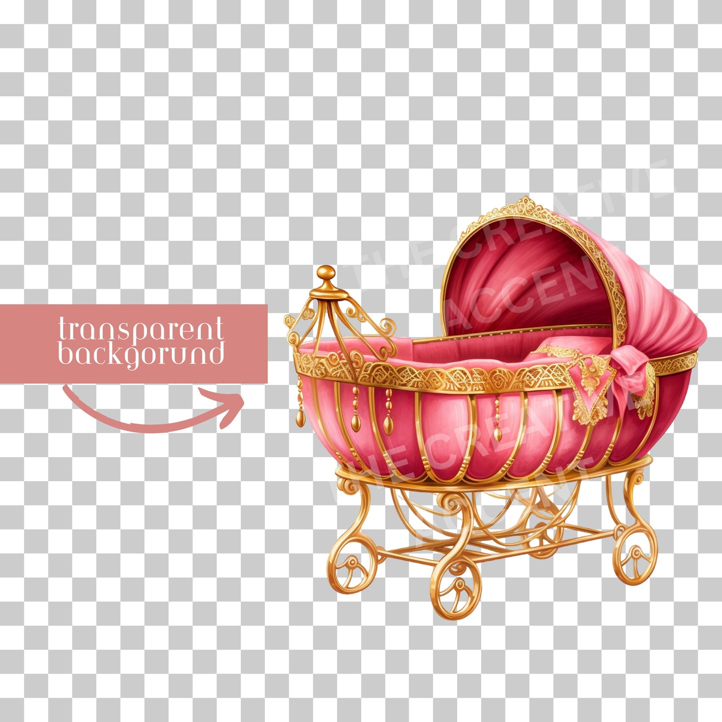 Baby Shower Element Clipart, Hot Pink Baby Girl Gold Bassinet, 4 PNG