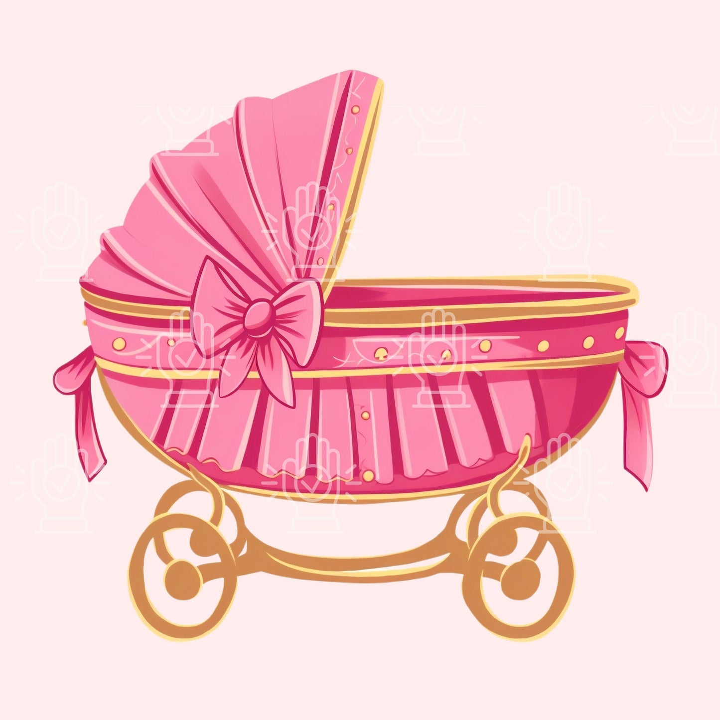 Baby Shower Element Clipart, Hot Pink Baby Girl Gold Bassinet, 4 PNG