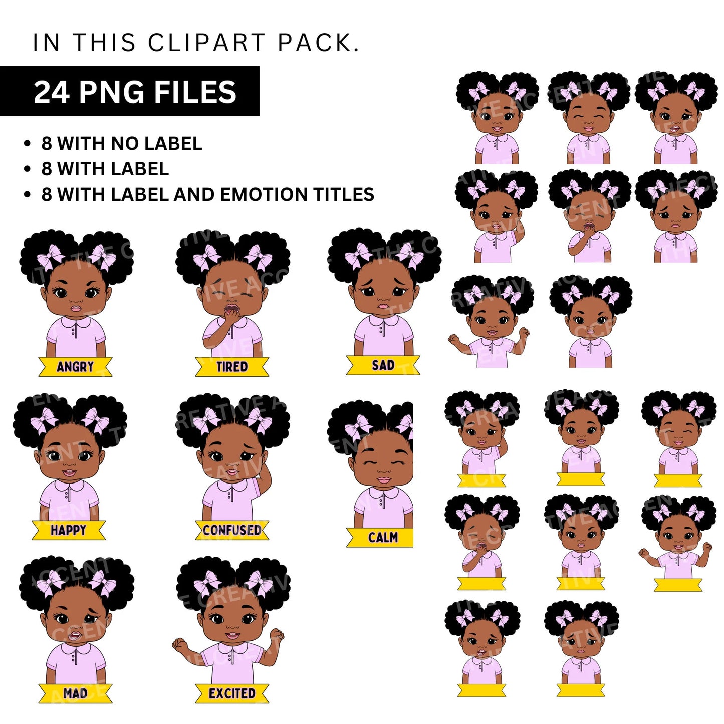 Black Girl Emotions Clipart, 24 PNG, African-American Kids Different Facial Expressions,