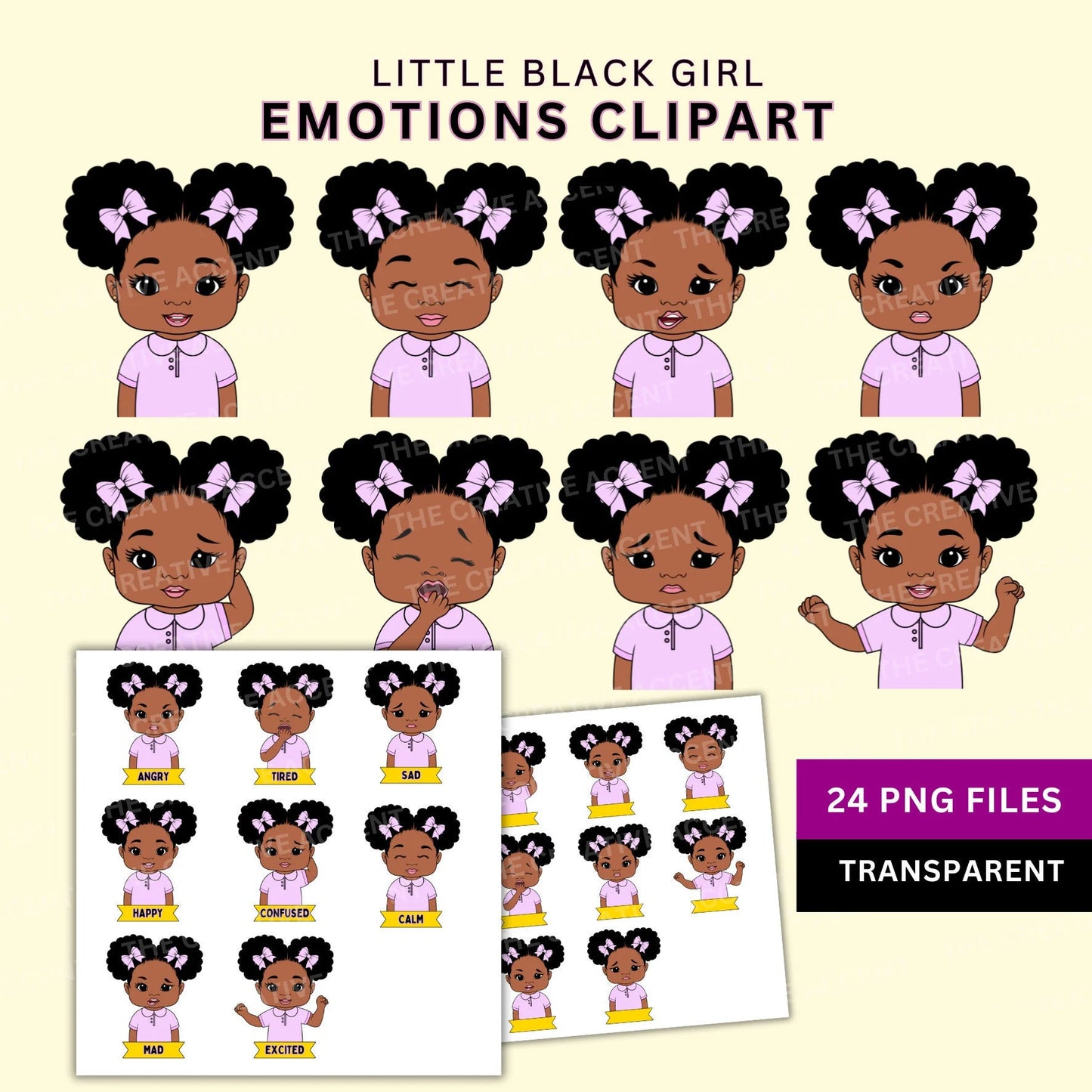 Black Girl Emotions Clipart, 24 PNG, African-American Kids Different Facial Expressions,