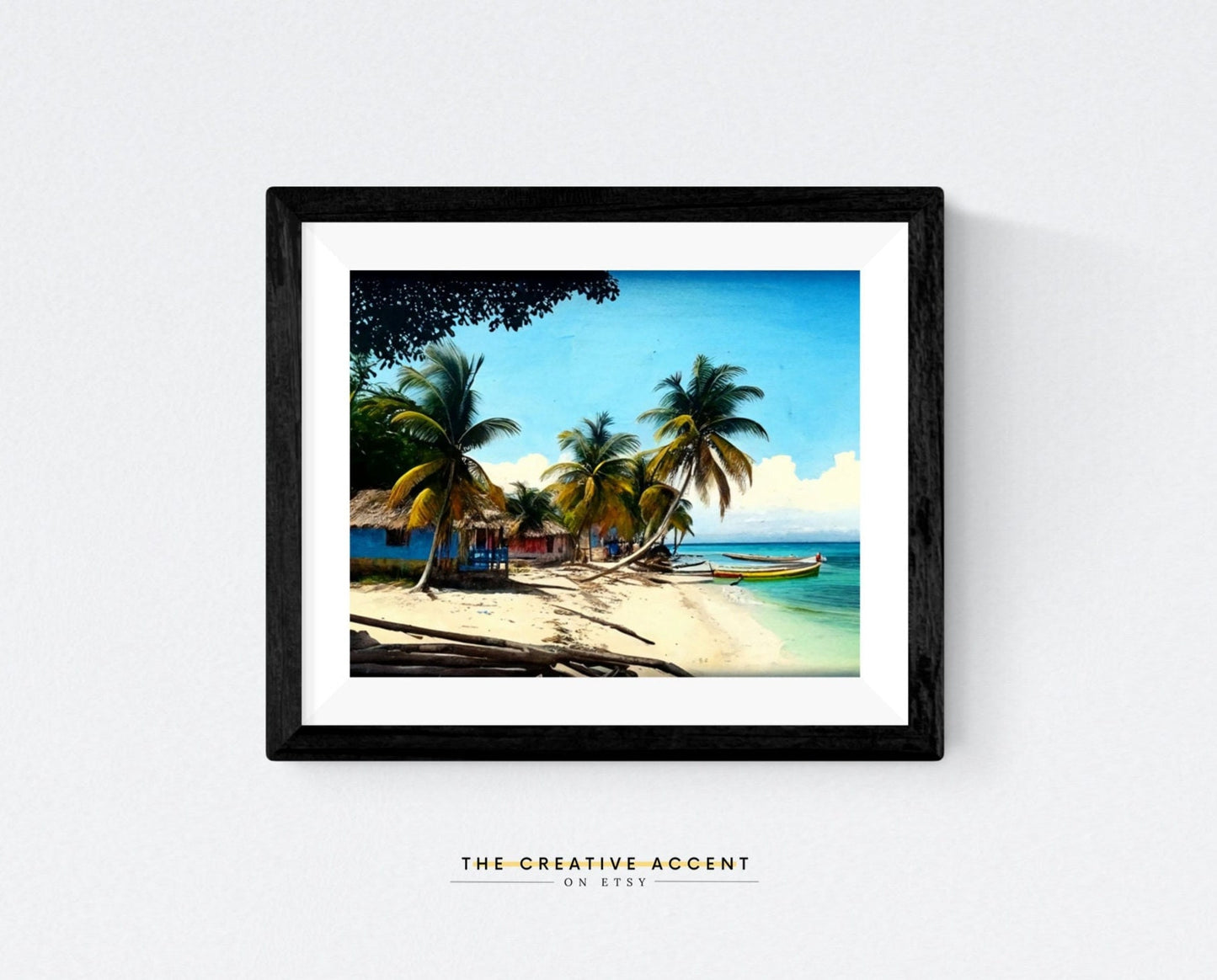 Beach in Garifuna community, printable, Caribbean Art, Honduras Art, Black decor, Palm trees painting, Wall art 8x10
