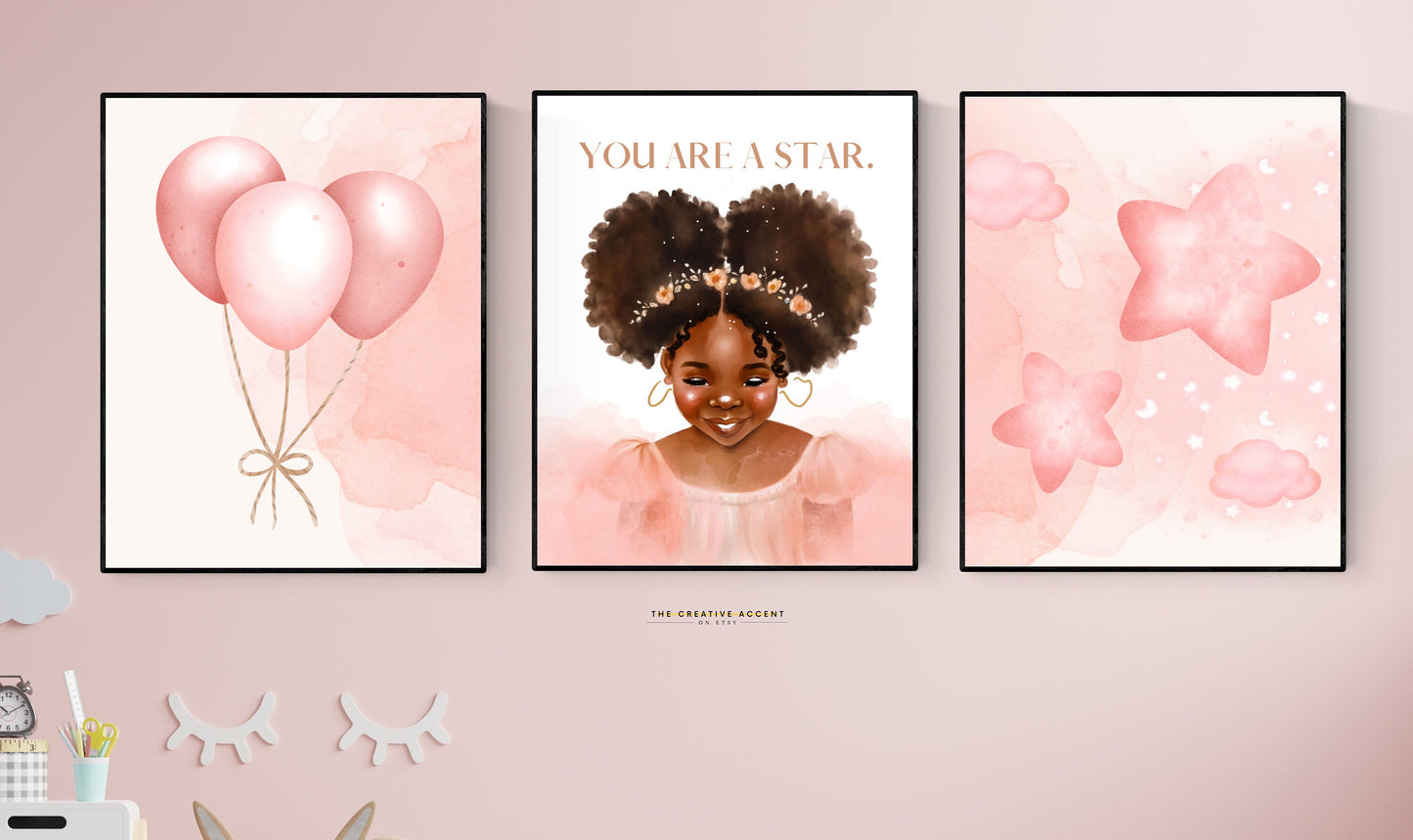 Black Girl Room Wall Art: Star, 3 Set Printable Afro Hair, Brown little girl painting, Room Decor, Pink Balloons, Stars, Clouds Poster