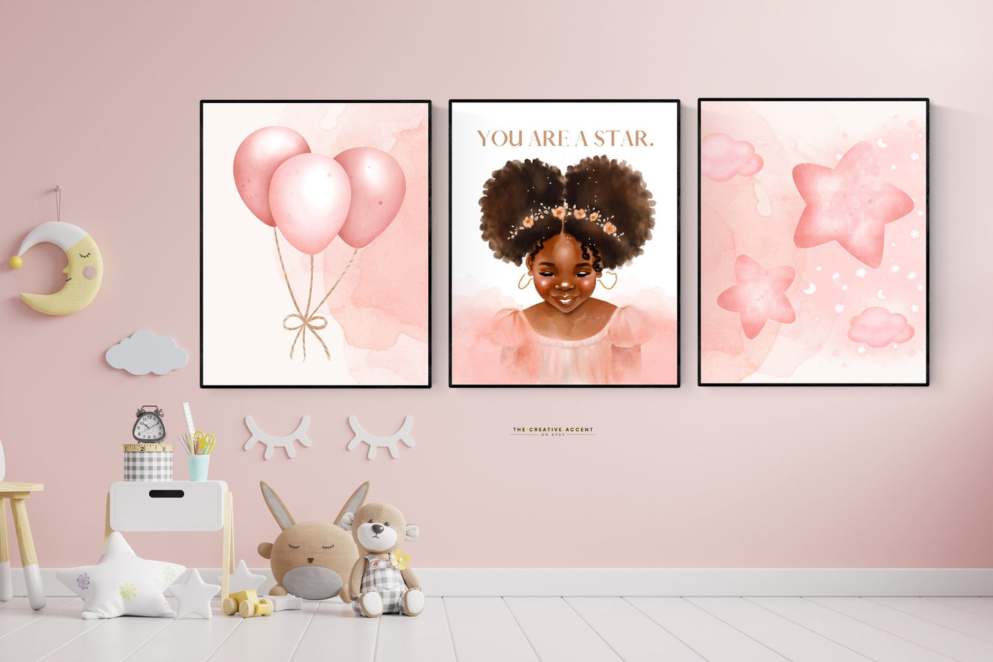Black Girl Room Wall Art: Star, 3 Set Printable Afro Hair, Brown little girl painting, Room Decor, Pink Balloons, Stars, Clouds Poster