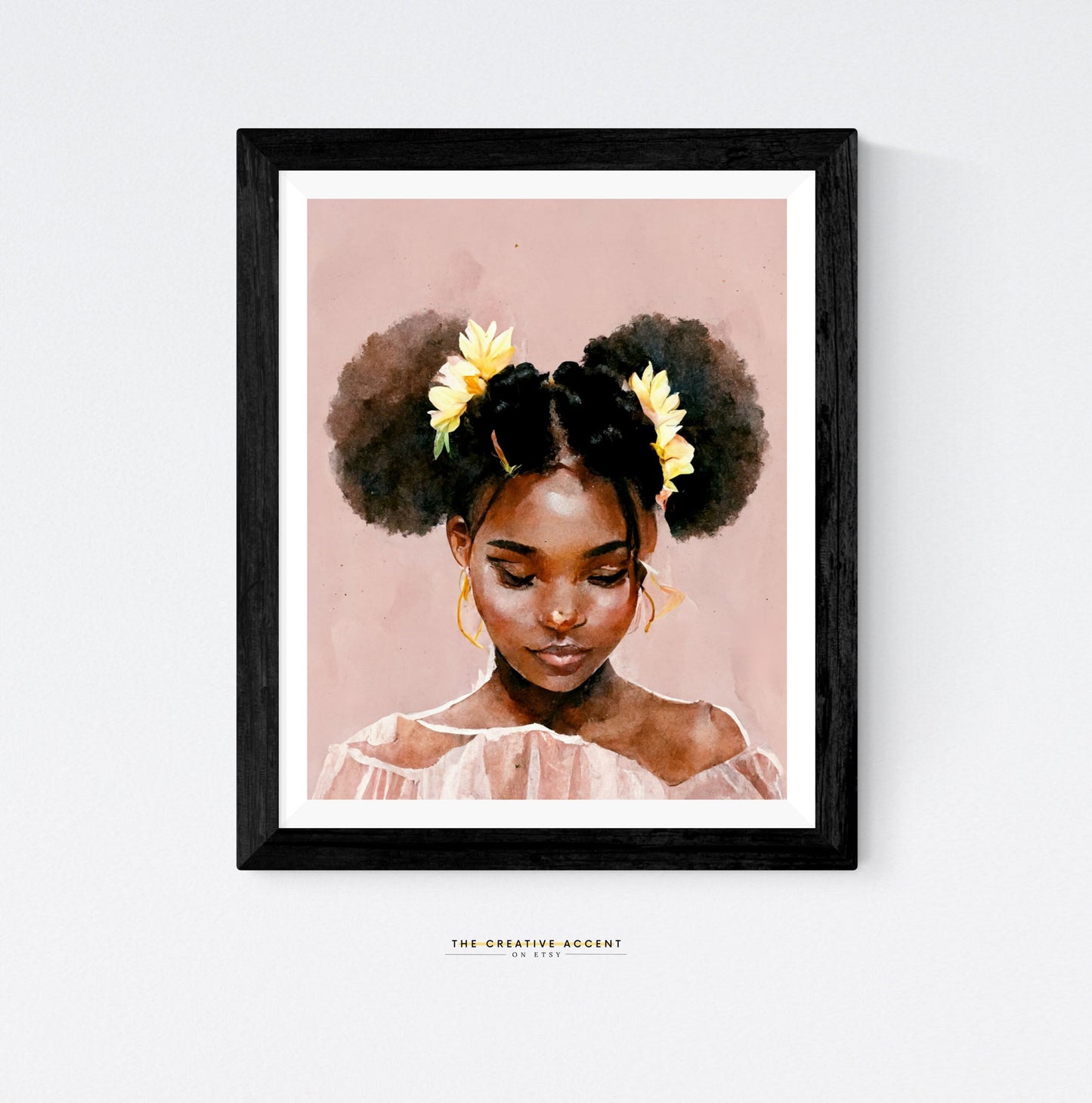 Black Girl Art: Sunflower Girl, Afro Puff Hair Wall Art, Brown girl painting, Room Decor, Black Teen Poster - Pink *Instant Download *