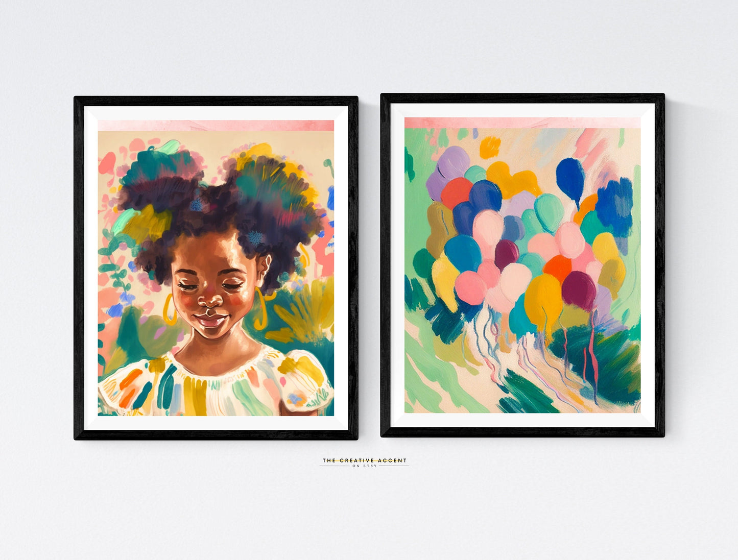 Colorful Black Girl Art: 2 Set Printable Afro Hair Wall Art, Brown little girl painting, Room Decor, Bunch of Balloon Painting, Cute Poster