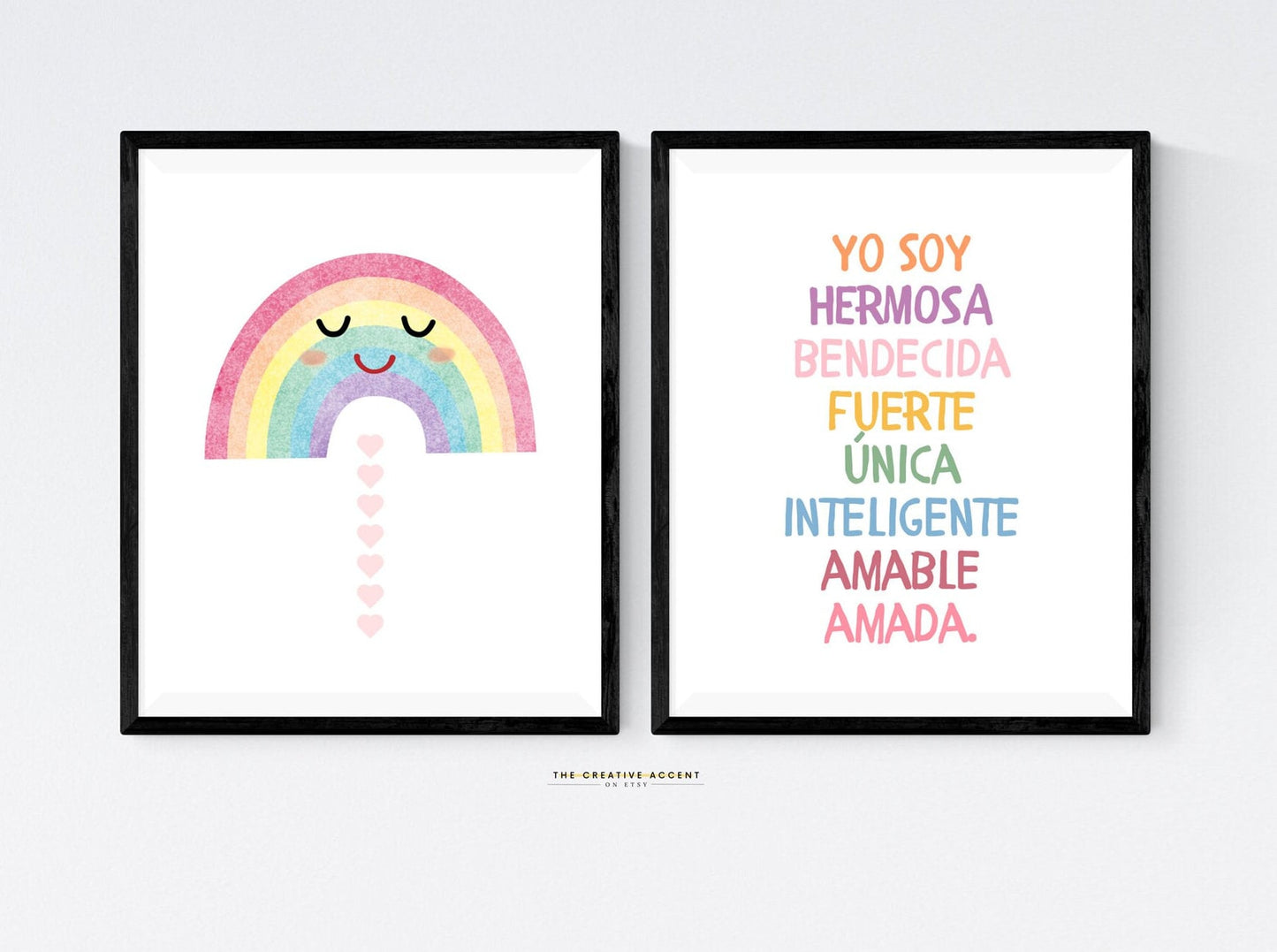 Spanish Affirmations, "Yo Soy" List for Kids: Beautiful Rainbow Art - 2 Set Printable Wall Decor, Hermosa, Little Girls Positive Poster