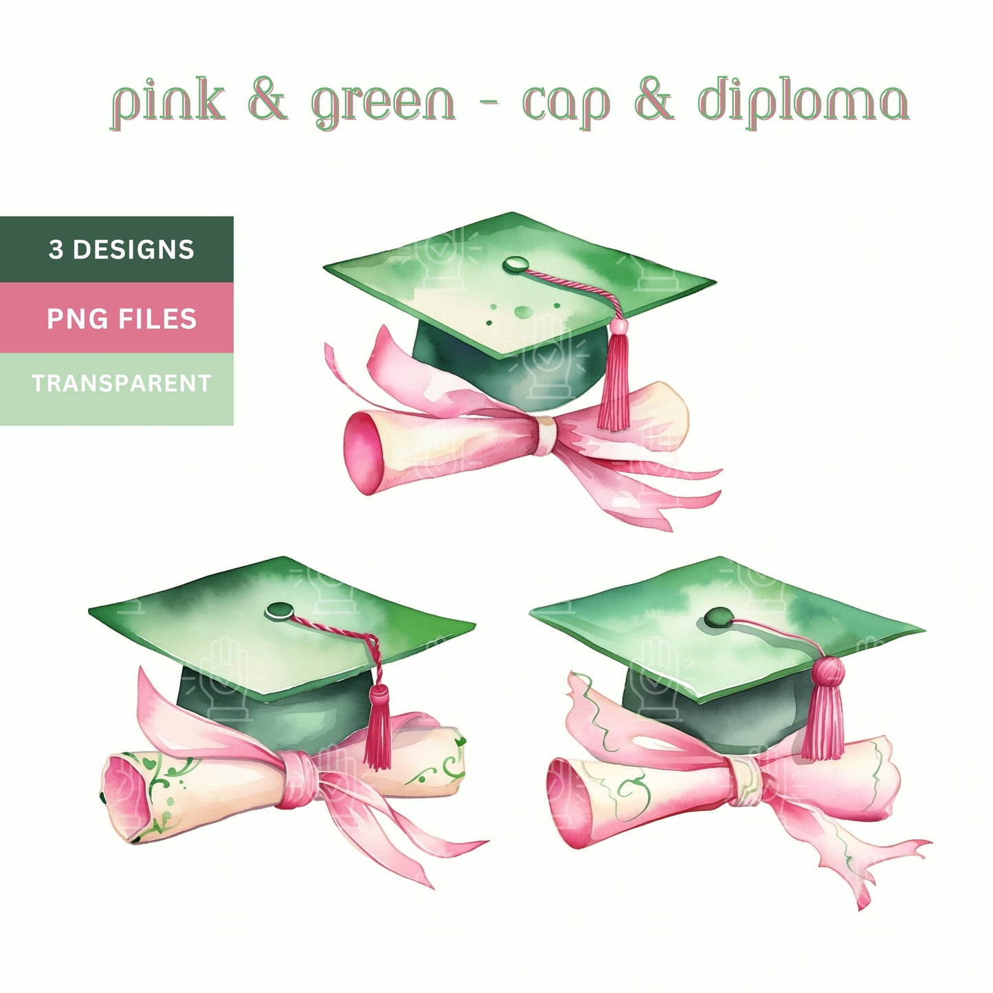 AKA Graduation PNG, Pink and Green Alpha Kappa Alpha Colors, Watercolor Clipart, Cap & Diploma, Sorority Clip Art, Graduate Party