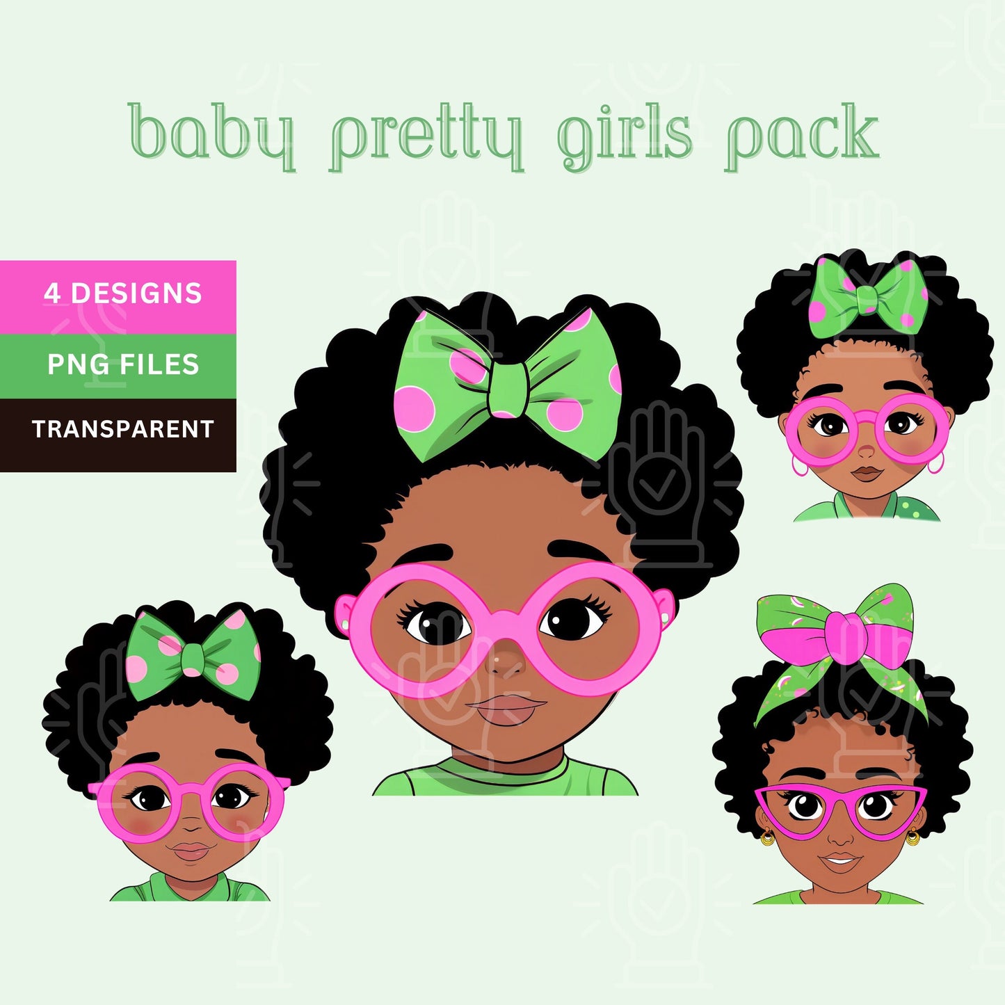 Soror Baby Girl with Glasses Clipart in Pink and Green, 4 PNG Future Black Soror AKA Princess