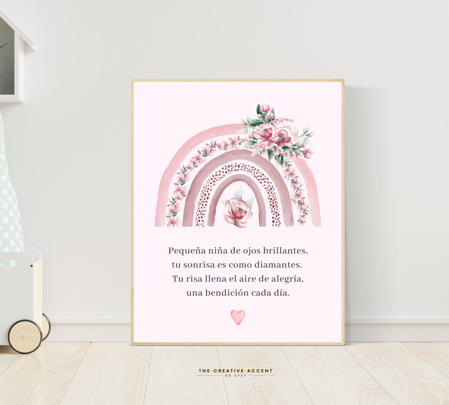 Spanish Girls Wall Art: Pequeña Princesa Poem, Watercolor rainbow, flowers, heart, Pink Poster, Princess Decor, Kids Playroom