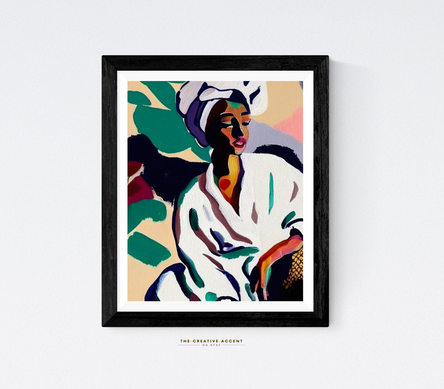 Black woman "Reflecting" in Bathrobe, Bathroom wall art, Printable Painting, Black Decor, Robe, African-American, Towel, Modern