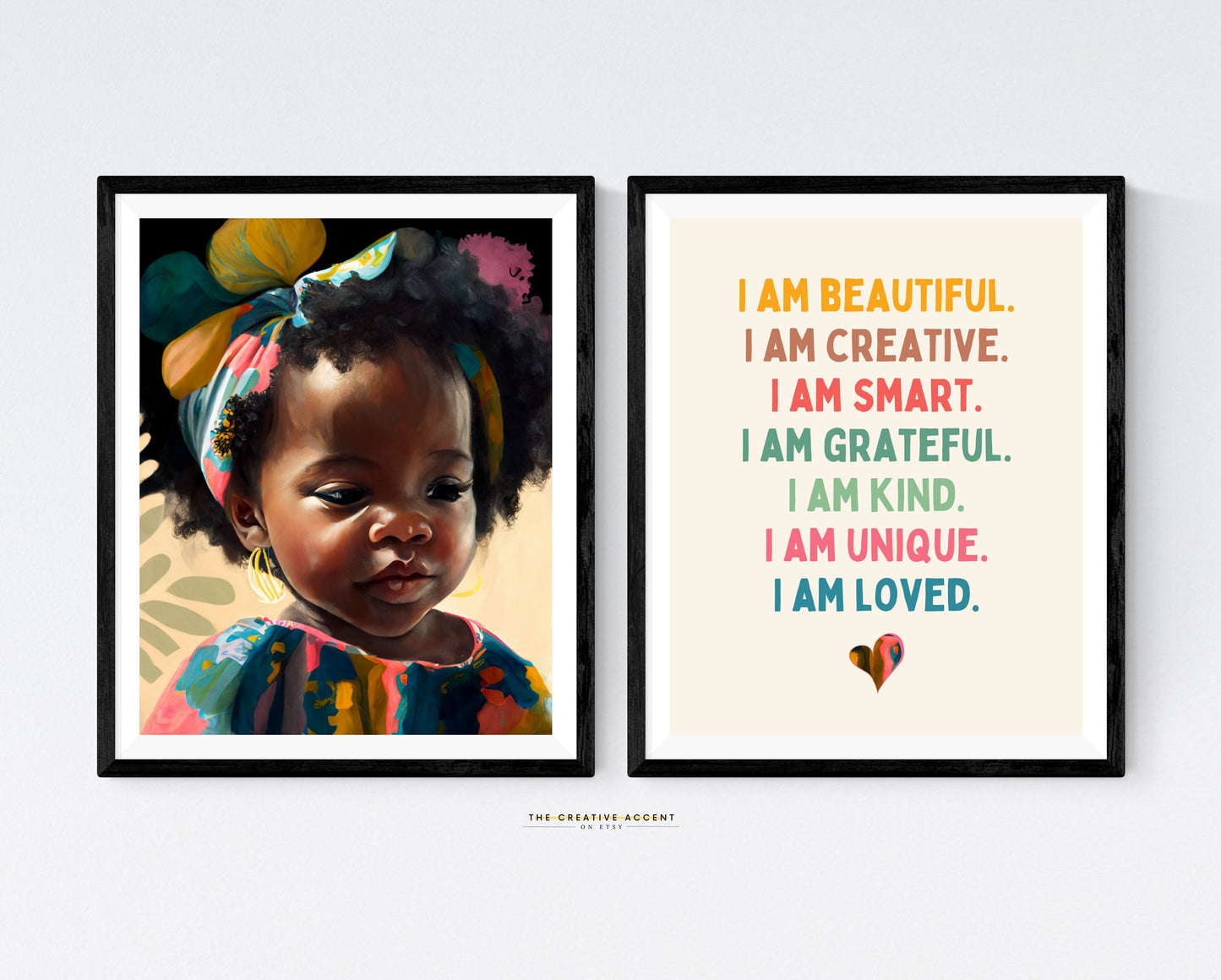 Colorful Little Black Girl Art: 2 Set Printable Afro Hair Wall Decor, Brown little toddler, baby painting, Positive Affirmations Poster