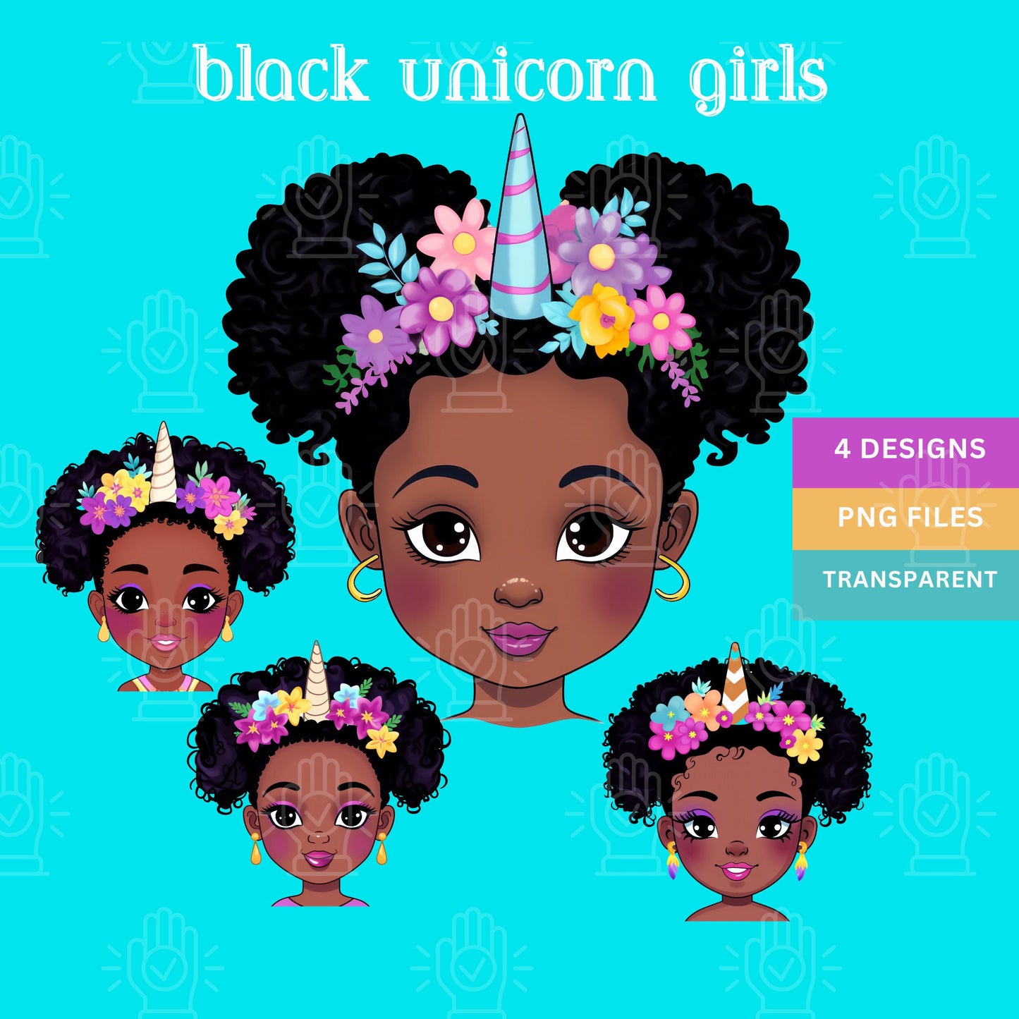 Black Girl Unicorn Clip Art, Brown Little Baby Girls PNG with Horn, Flowers, kids clipart, natural hair, Birthday Theme, baby shower