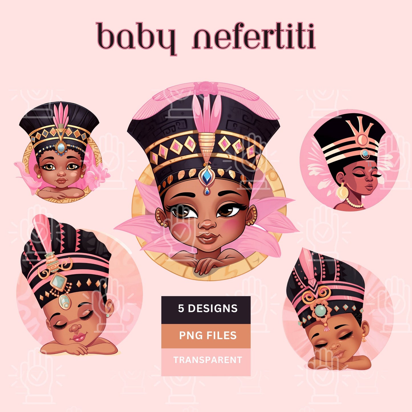Baby Nefertiti Clipart, 5 PNG Files, Black Girl Egyptian Shower