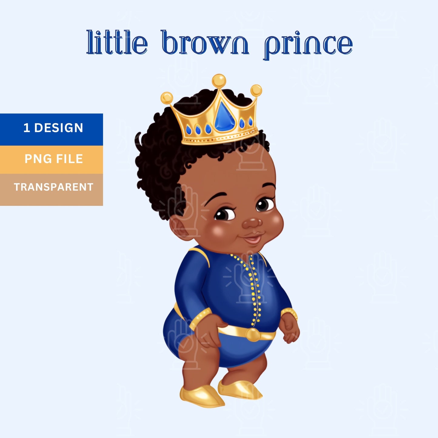Little Black Boy Prince Baby Shower Clip Art, Cute Baby King Decor PNG, African-American Clipart, Toddler Birthday, Royal Blue, Gold Theme