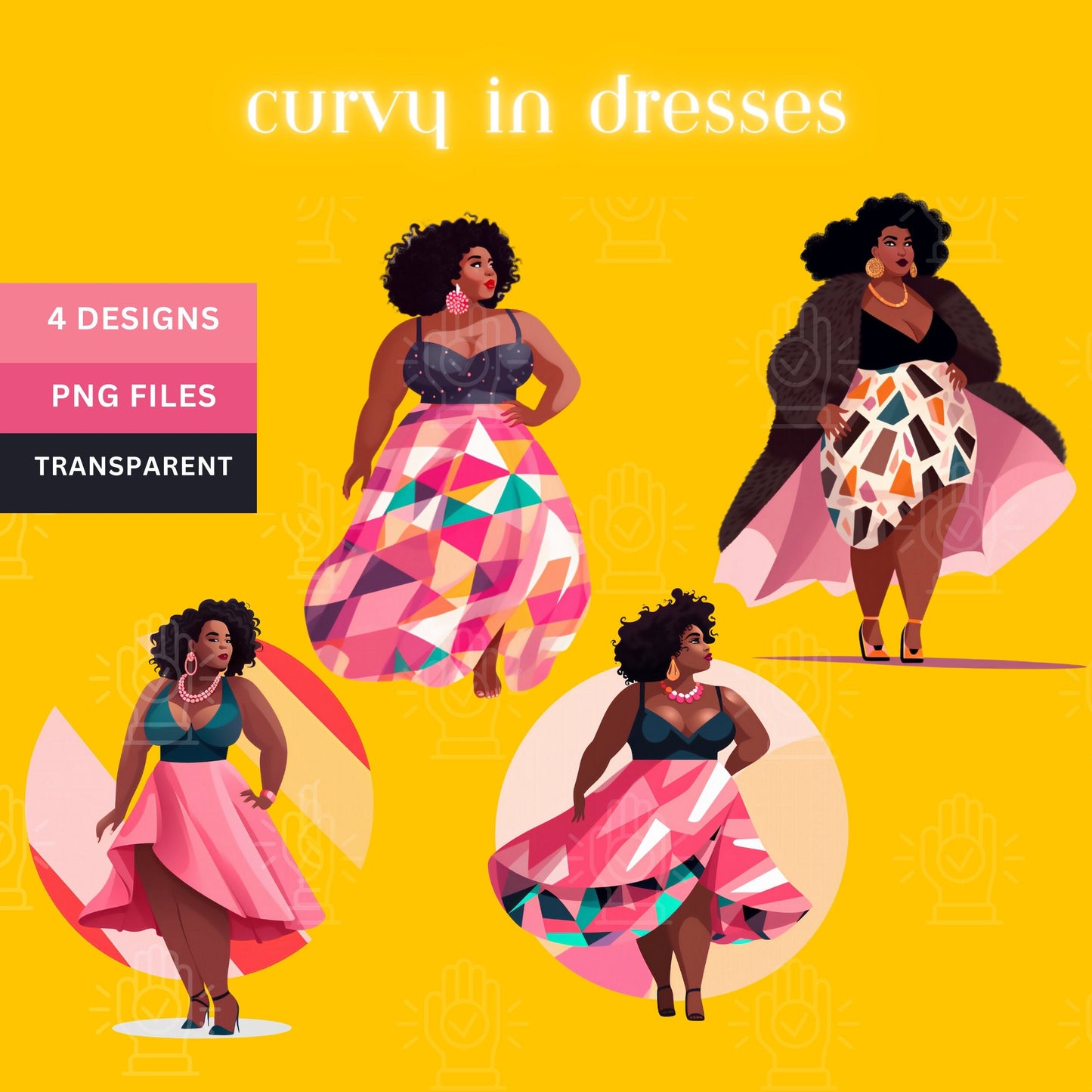 Curvy Black Woman Clip Art, Ladies in Dresses, Plus-Size Brown Girl Afro Clipart, Cartoon, Black Girl PNG, Confident Thick Females.