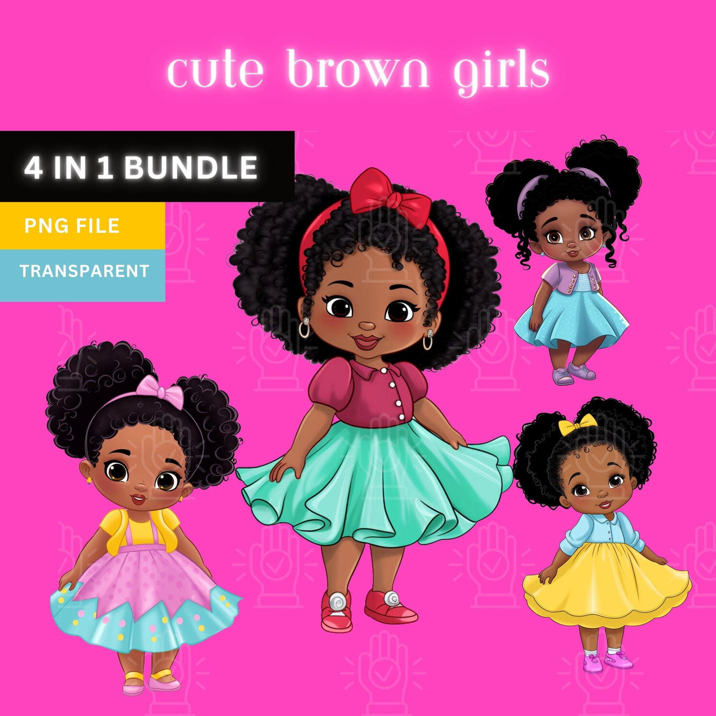 Little Black Toddler Girl in Dress Clipart, 4 PNG, Afro Puff Girls, Brown kids, natural hair baby, African-American, Commercial use Cartoon
