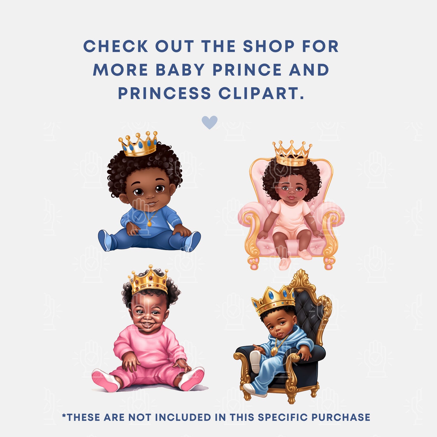 Black Baby Prince Baby Shower Clipart, Little Black Boy with Gold Crown, Blue King Theme Decor PNG, African-American, Toddler Birthday