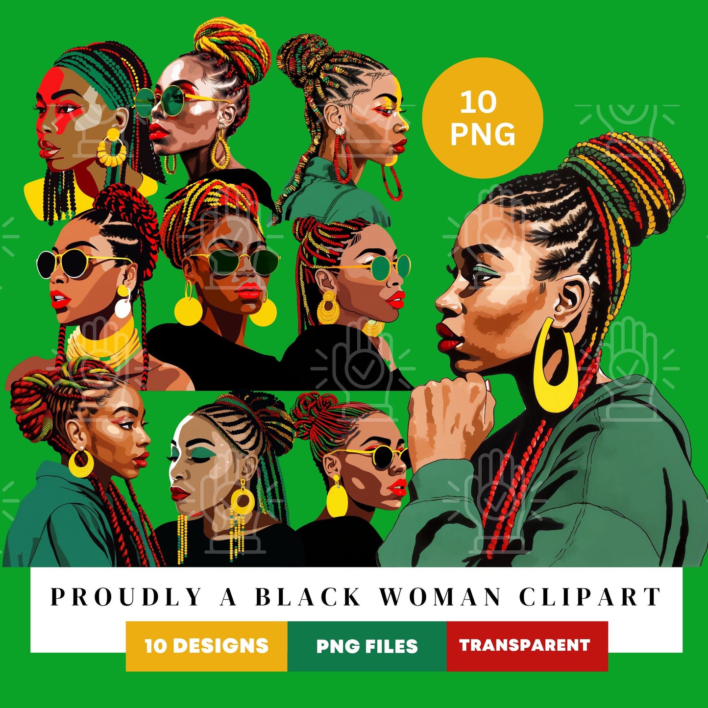 Black Woman Juneteenth Clipart, 10 PNG, Woman Bundle PNG, African American, Red, Green & Yellow, girl with Braids, Salon Stylist Hairstyle