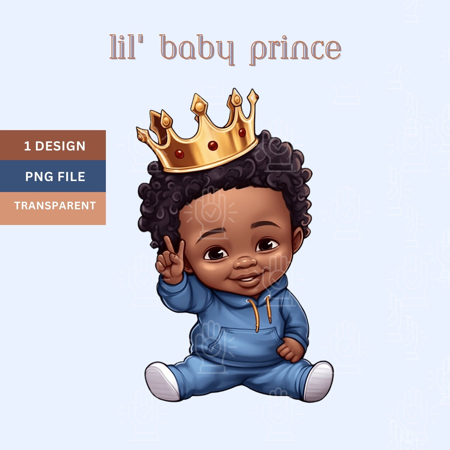 Black Baby Prince Baby Shower Clipart, Little Black Boy with Gold Crown, Blue King Theme Decor PNG, African-American, Toddler Birthday