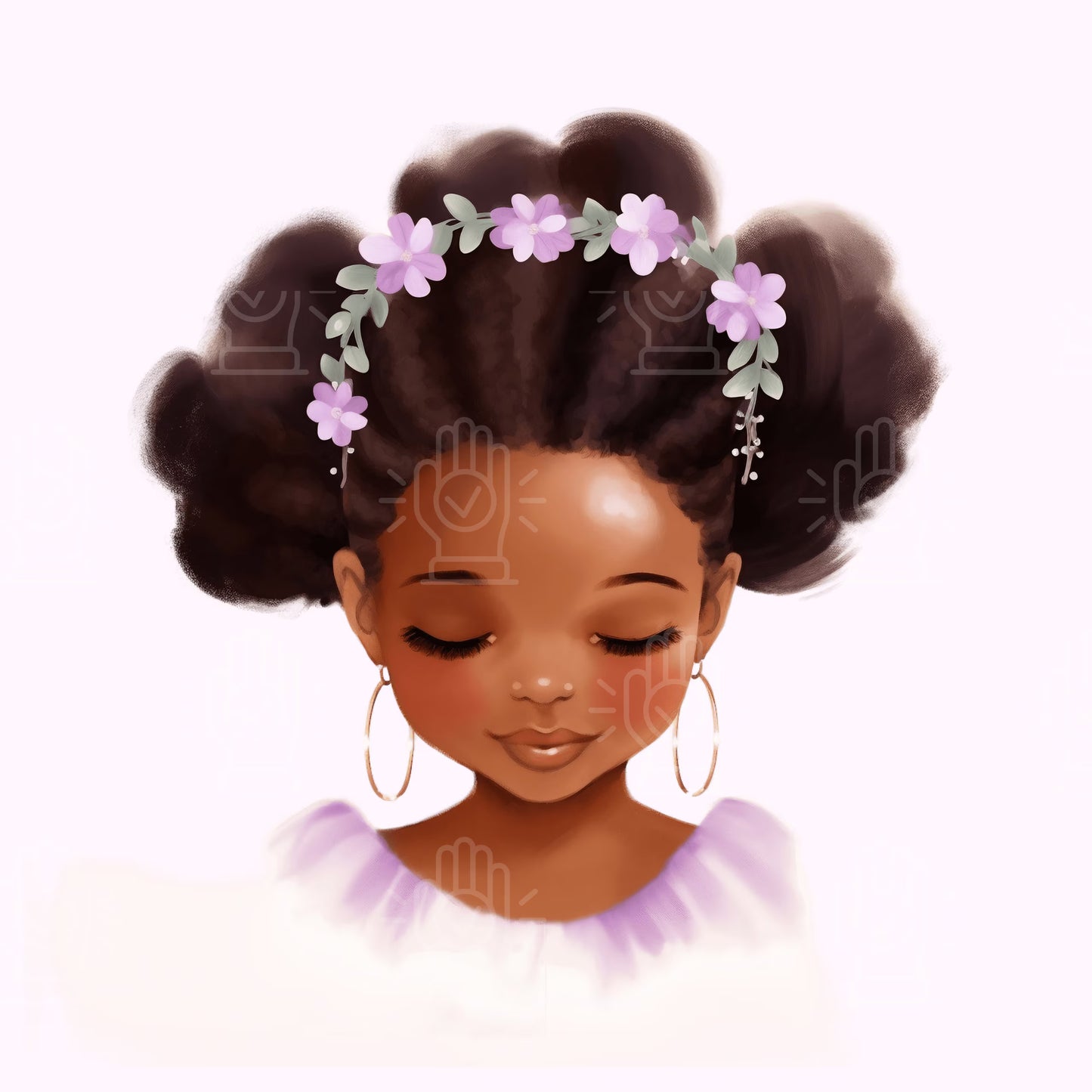 Little Black Girl Watercolor Clipart, 20 PNG bundle, Afro Puffs, Commercial Use