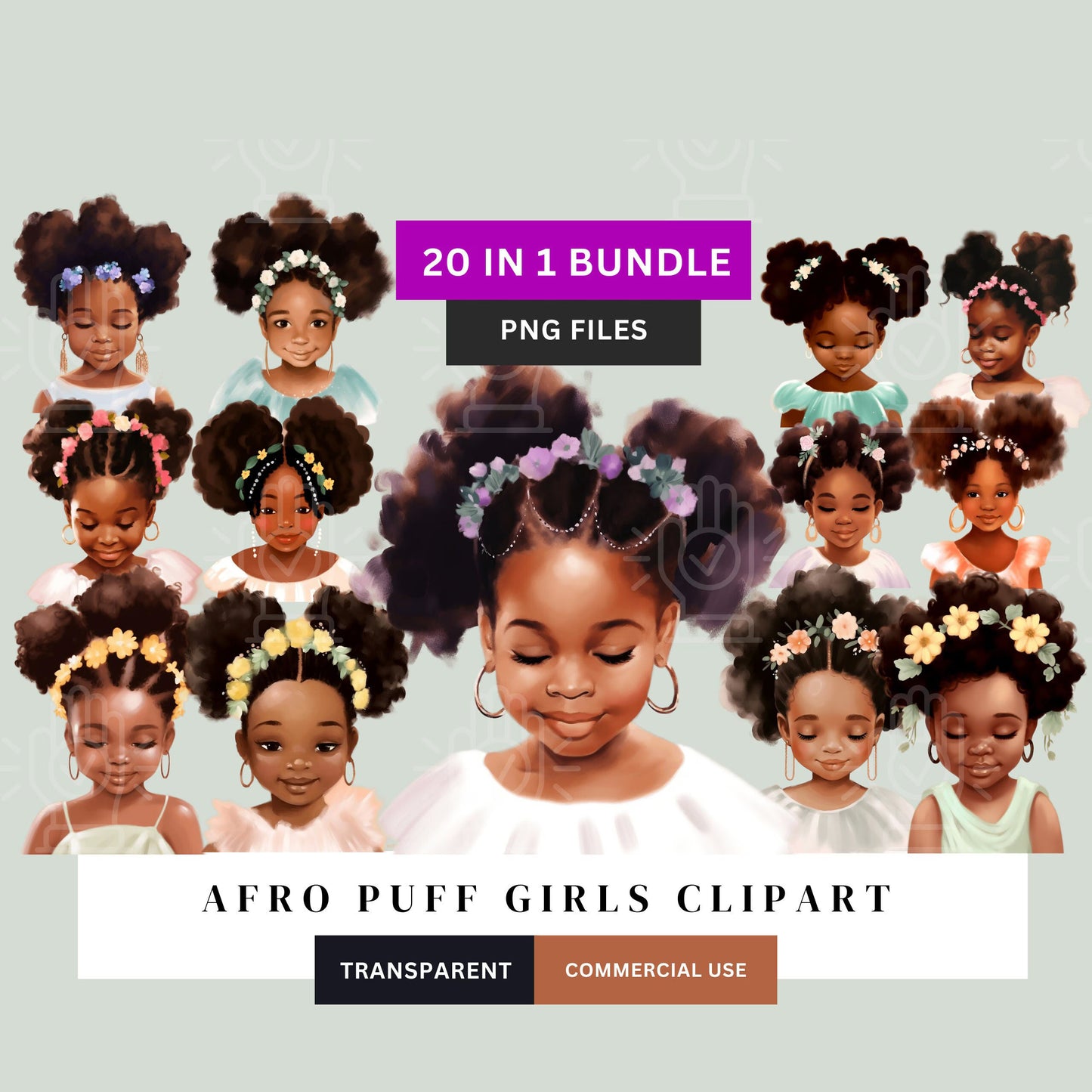 Little Black Girl Watercolor Clipart, 20 PNG bundle, Afro Puffs, Commercial Use