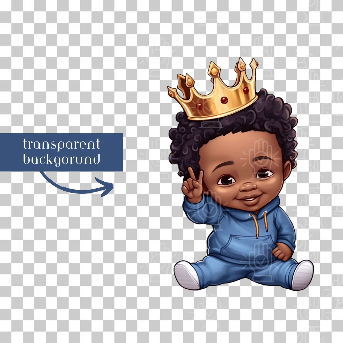 Black Baby Prince Baby Shower Clipart, Little Black Boy with Gold Crown, Blue King Theme Decor PNG, African-American, Toddler Birthday