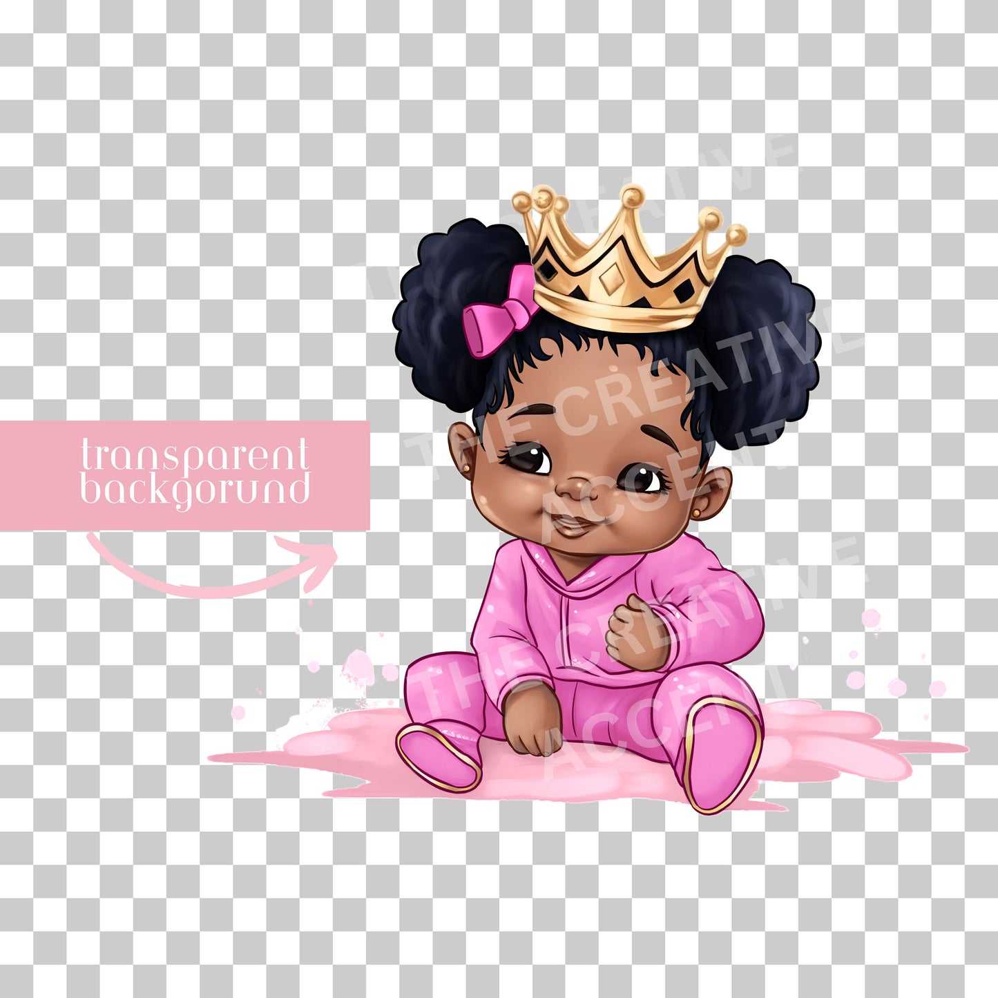 Black Baby Girl Princess, Baby Shower Clipart, Little Urban Queen Decor PNG, Pink, Purple, Fuchsia Sweatsuit Gender Reveal, Crown