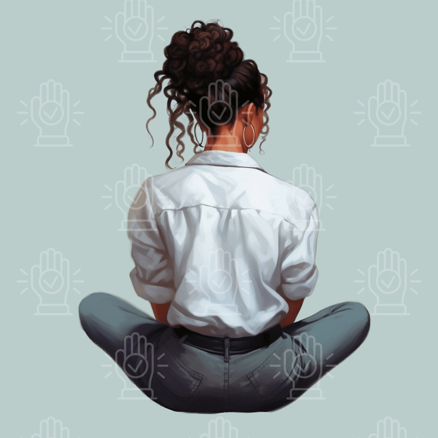 Woman Sitting Clipart, Back View of Black Women, African-American Female PNG, Braids, Locs, Jeans, Backview, Soft Illustration, Sublimation