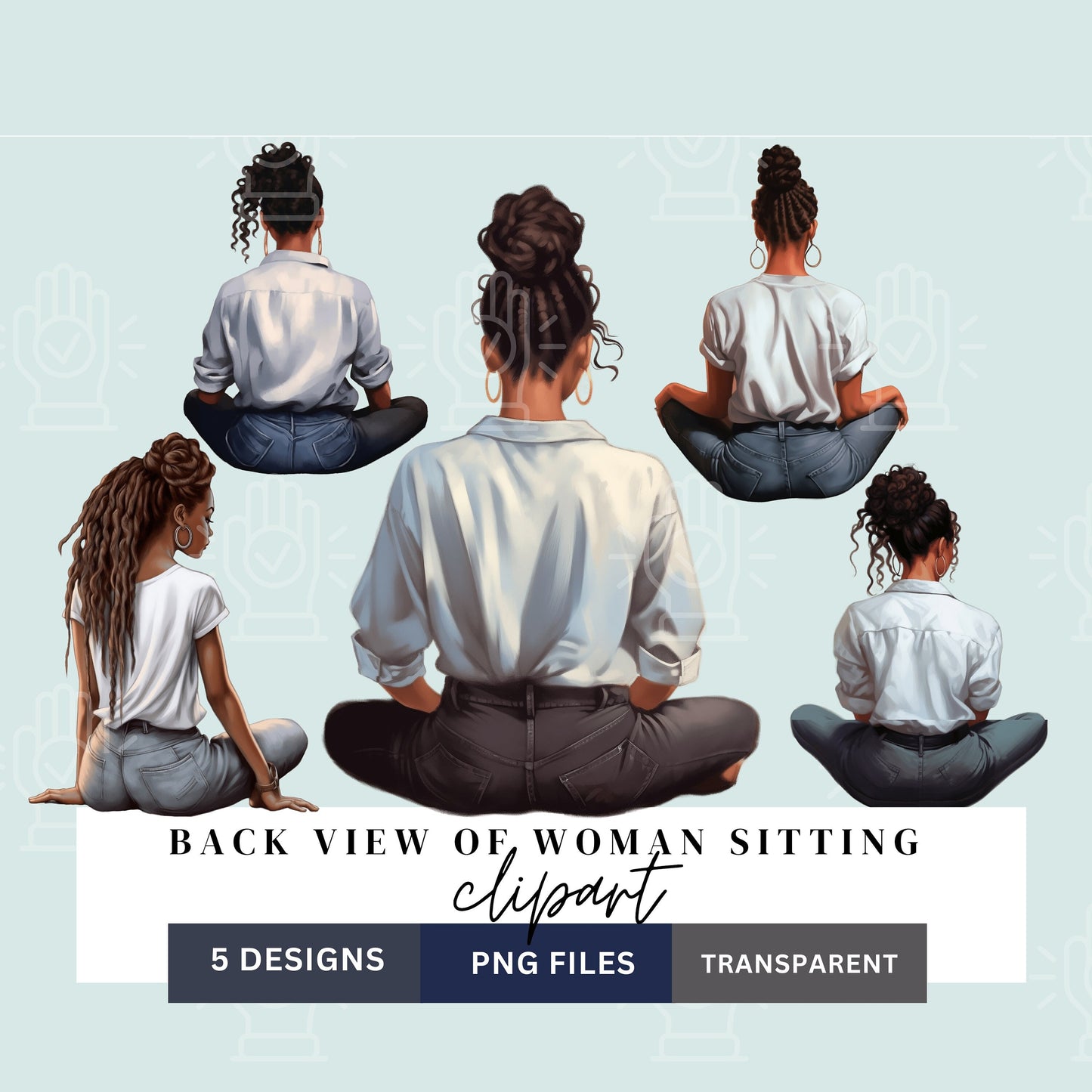 Woman Sitting Clipart, Back View of Black Women, African-American Female PNG, Braids, Locs, Jeans, Backview, Soft Illustration, Sublimation