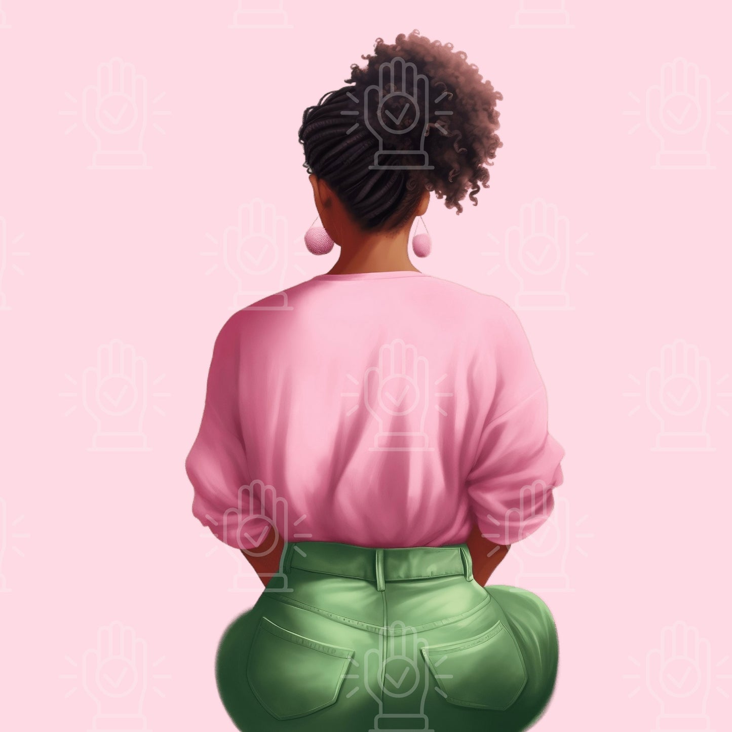 Pink and Green Soror Women Sitting Clipart, PNG, Back View