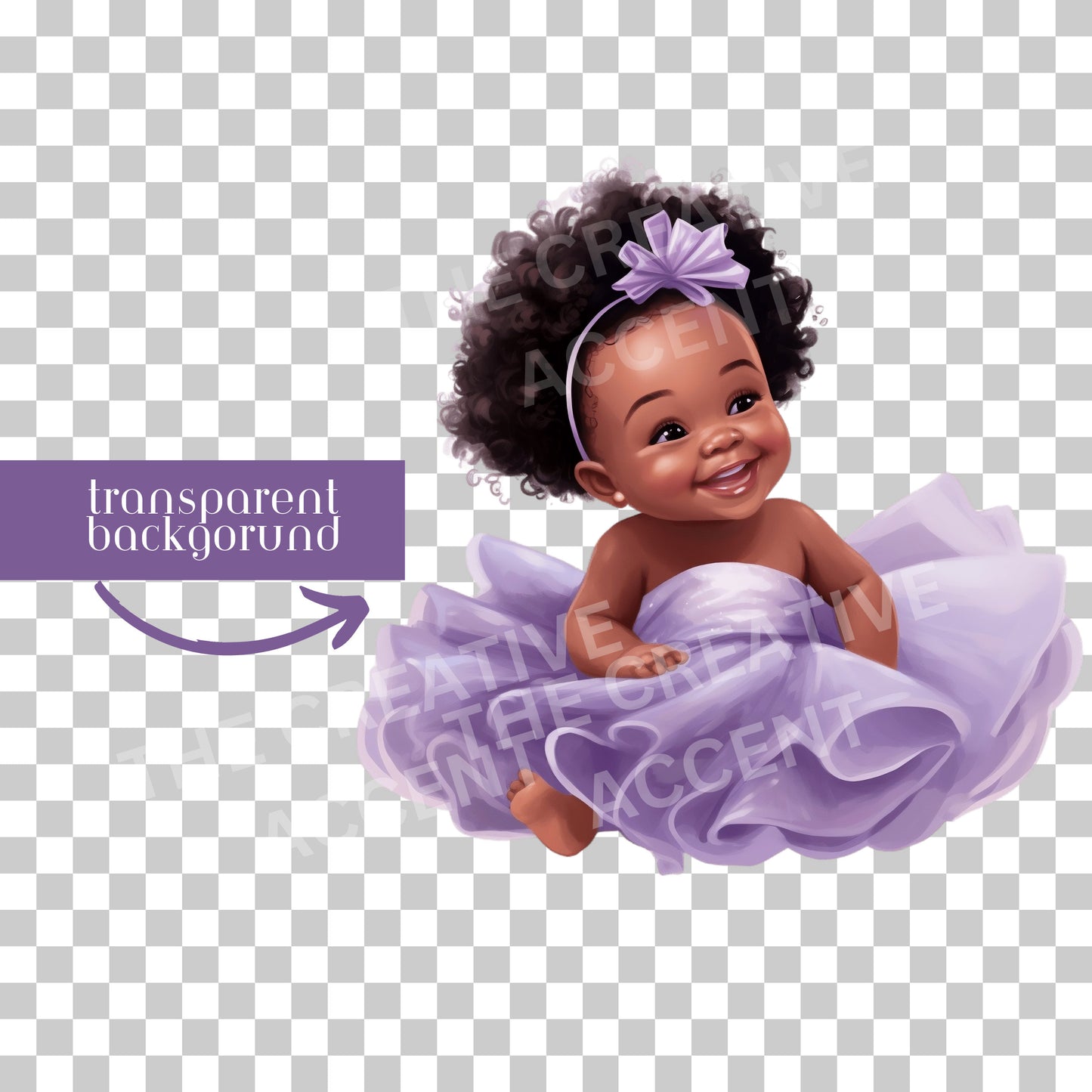 Black Baby Girl in Lavender Tutu Dress Clipart, Little Girl PNG, Purple Theme Baby shower, Brown kids clipart, natural hair, Gender Reveal