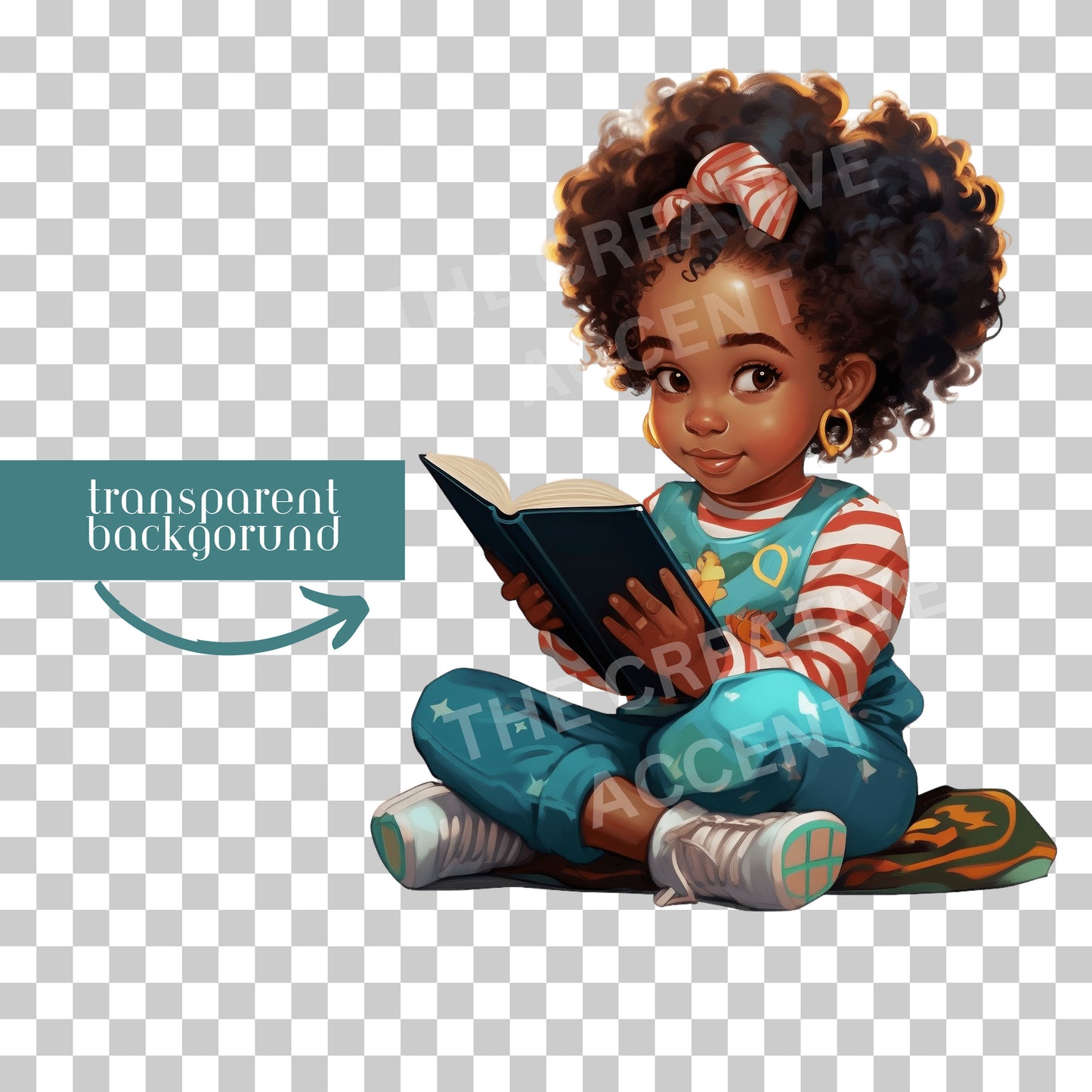 Unique Black Girl Reading Clipart, Little Toddler, Retro child cartoon illustration, 9 PNG, Reading, School, Writing, African-American afro