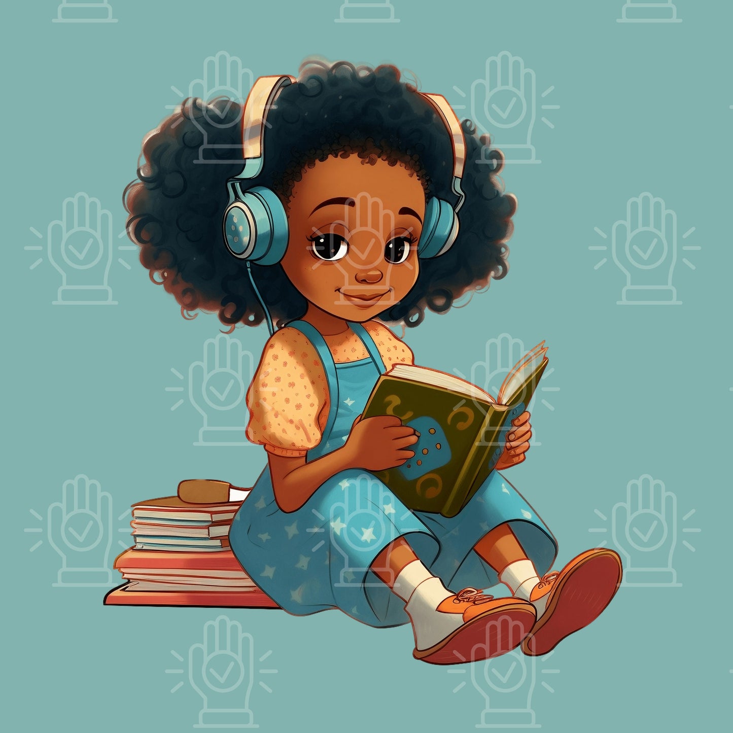 Unique Black Girl Reading Clipart, Little Toddler, Retro child cartoon illustration, 9 PNG, Reading, School, Writing, African-American afro