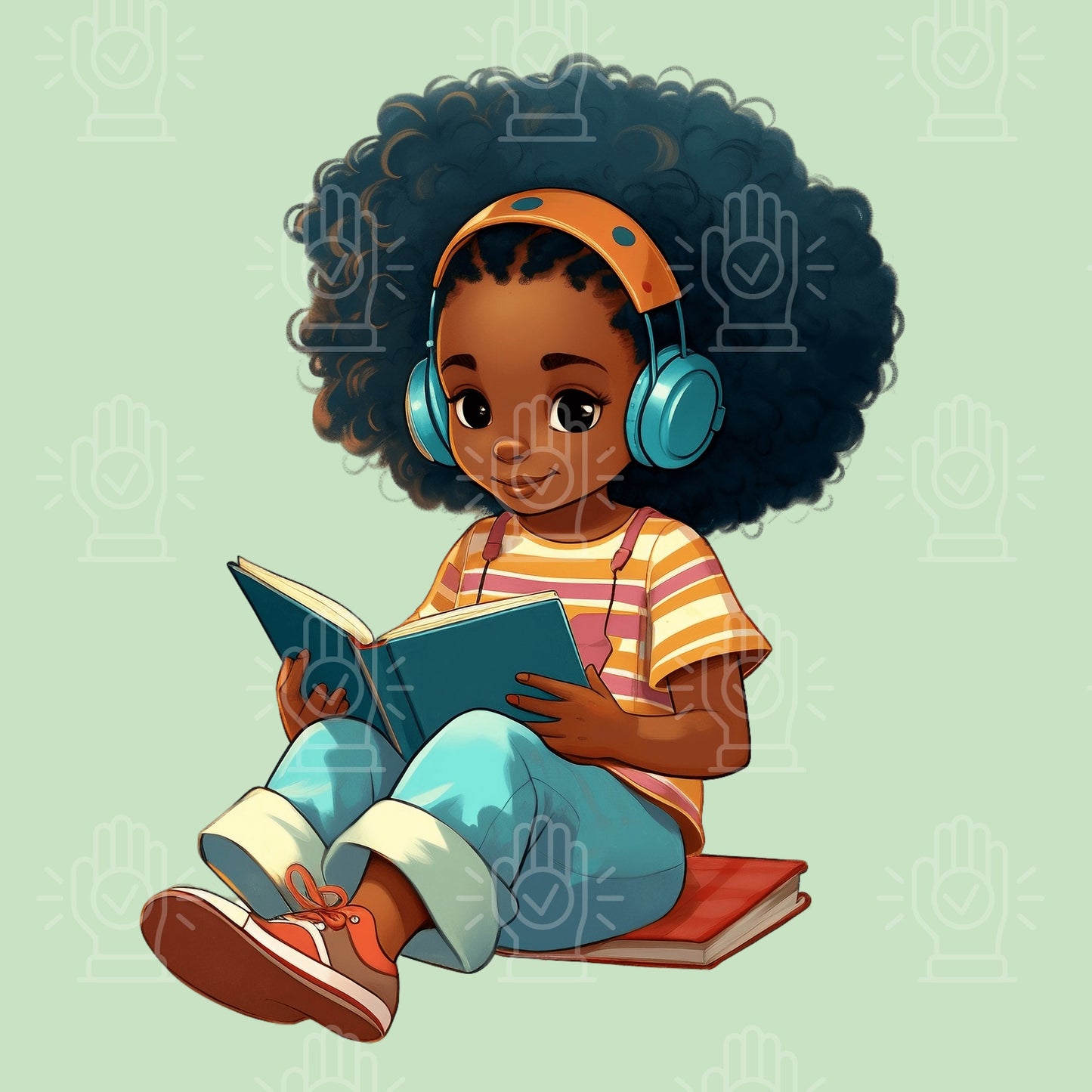 Unique Black Girl Reading Clipart, Little Toddler, Retro child cartoon illustration, 9 PNG, Reading, School, Writing, African-American afro