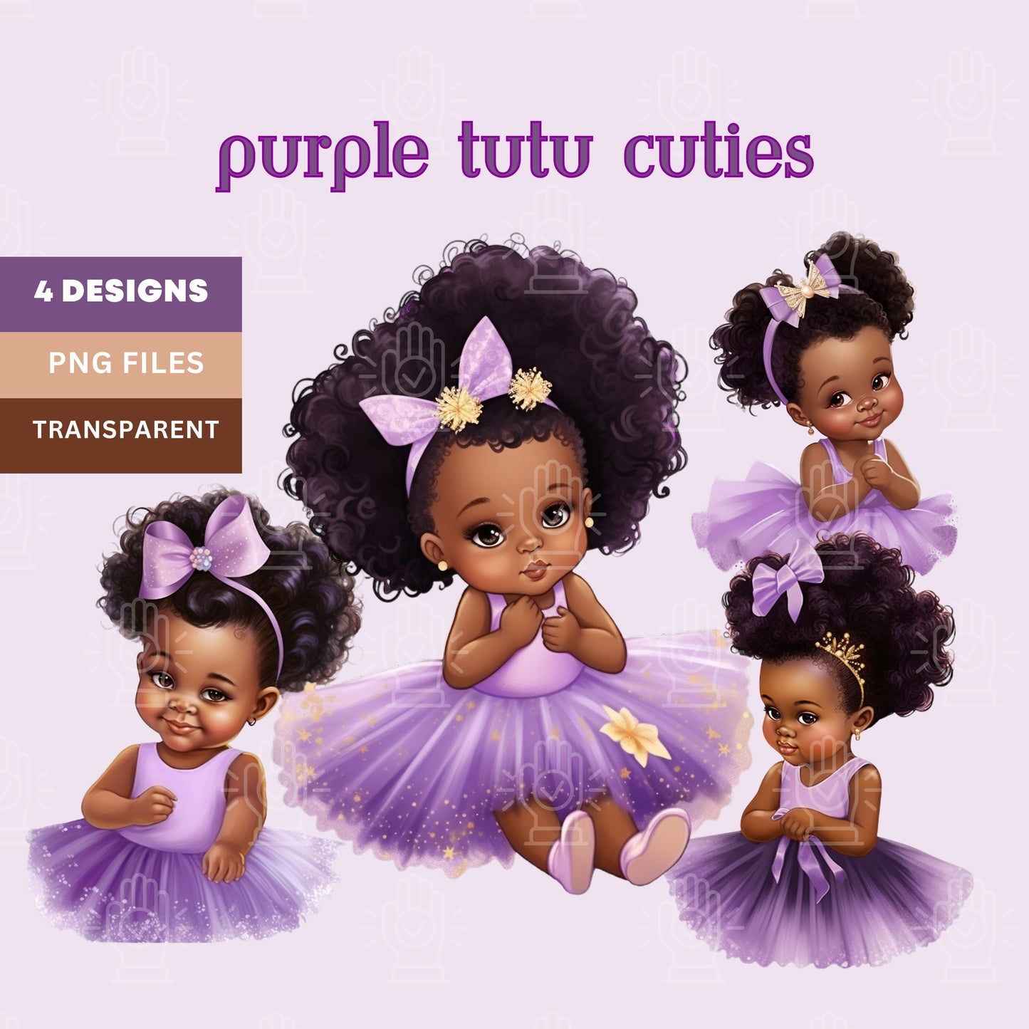 Baby Girl Princess in Purple Lavender & Gold Tutu Dress Clipart, Little Black Girl, 4 PNG, Baby Shower, natural hair, Ribbon, Gender Reveal