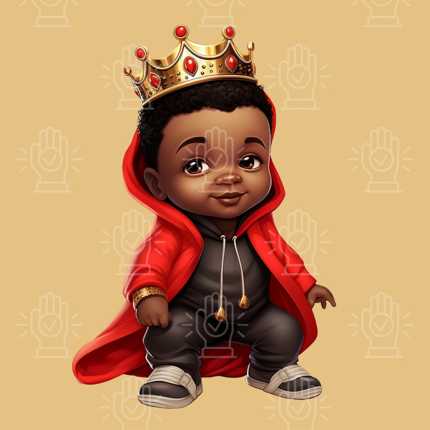 Black and Red Royal Babies in Red Clipart, Little Boy Kid with Gold Crown, Baby King PNG, African-American, Birthday, Baby Shower Cartoon