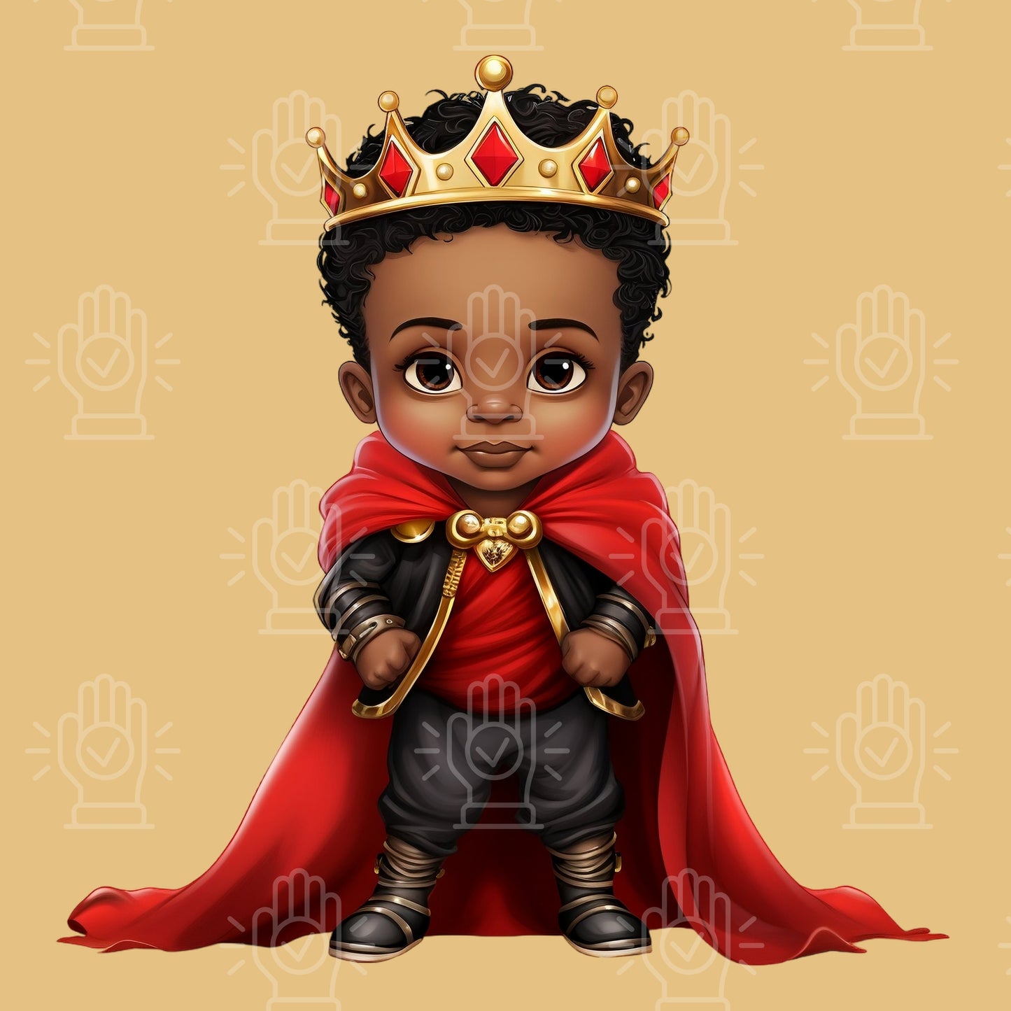 Black and Red Royal Babies in Red Clipart, Little Boy Kid with Gold Crown, Baby King PNG, African-American, Birthday, Baby Shower Cartoon