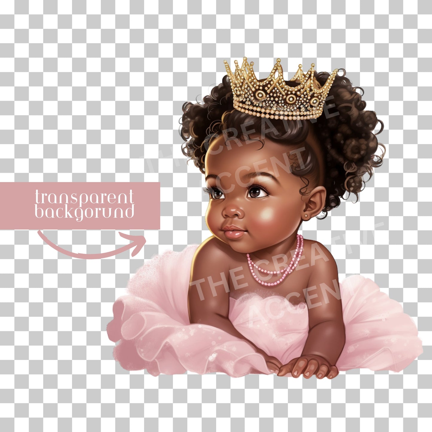 Black Baby Girl Princess in Pink Tutu Clipart, Baby Shower clipart, Little Girl with Crown, Gender Reveal, PNG bundle, Pink Theme, Afro hair