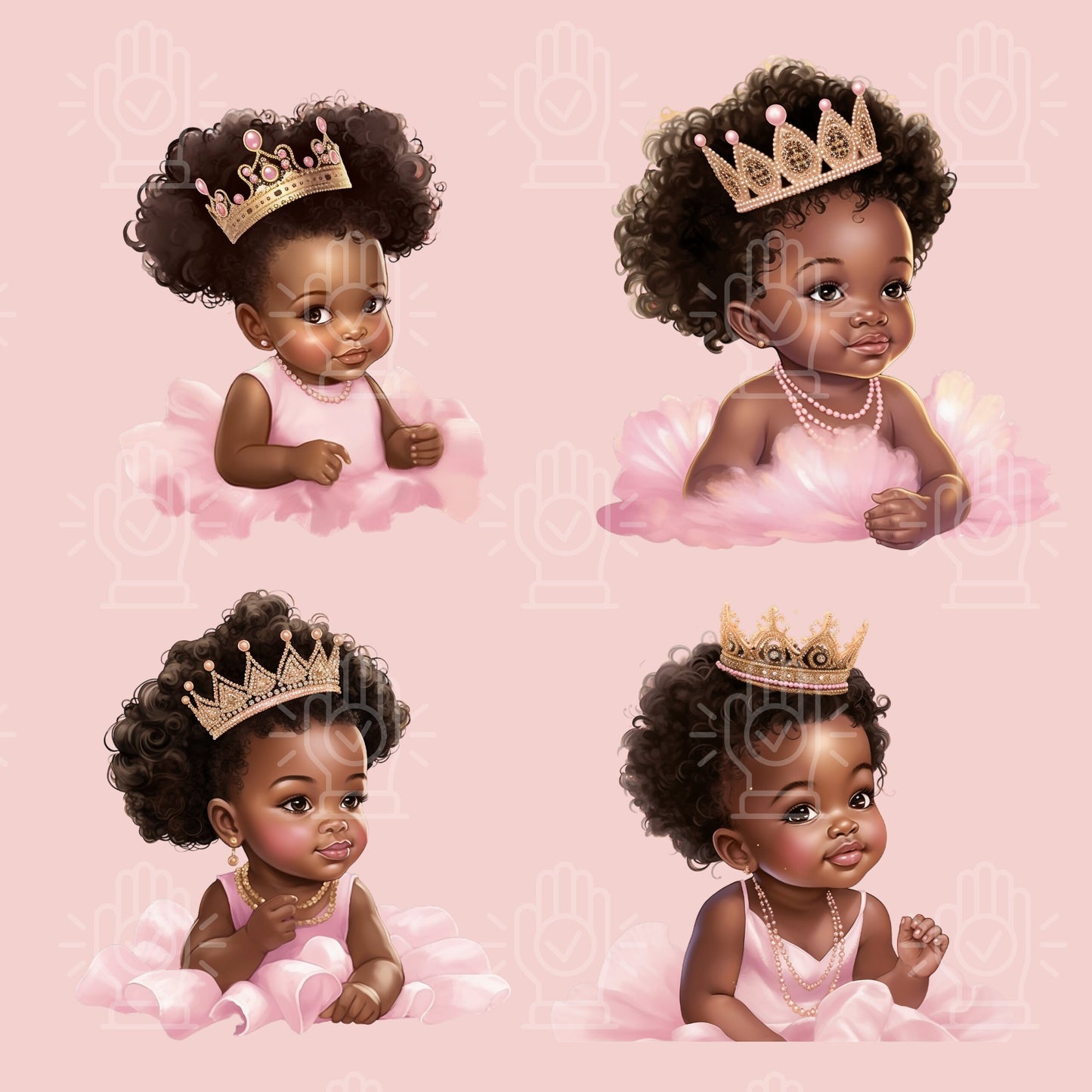 Black Baby Girl Princess in Pink Tutu Clipart, Baby Shower clipart, Little Girl with Crown, Gender Reveal, PNG bundle, Pink Theme, Afro hair